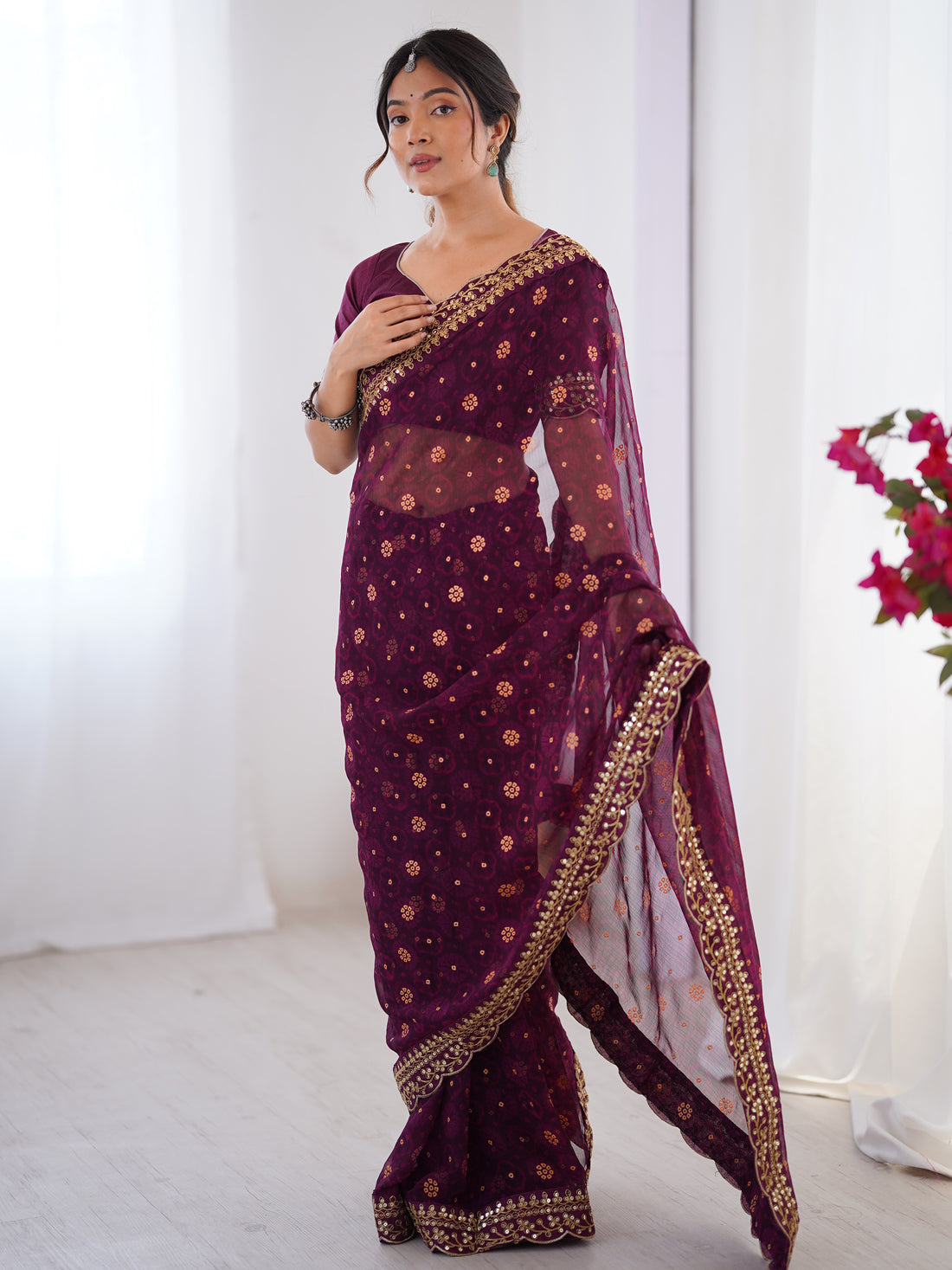 Elegant Wine Designer Printed Georgette Saree With Blouse