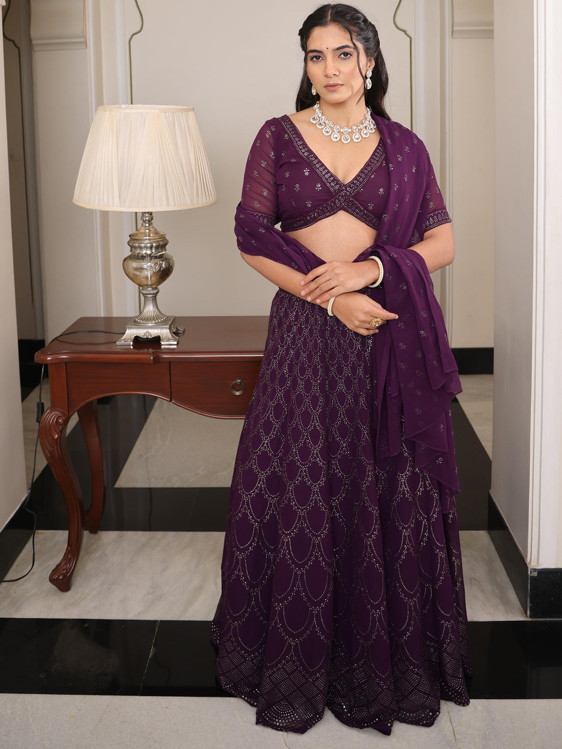 Lovable Wine Embroidered Party Wear Lehenga Choli With Dupatta