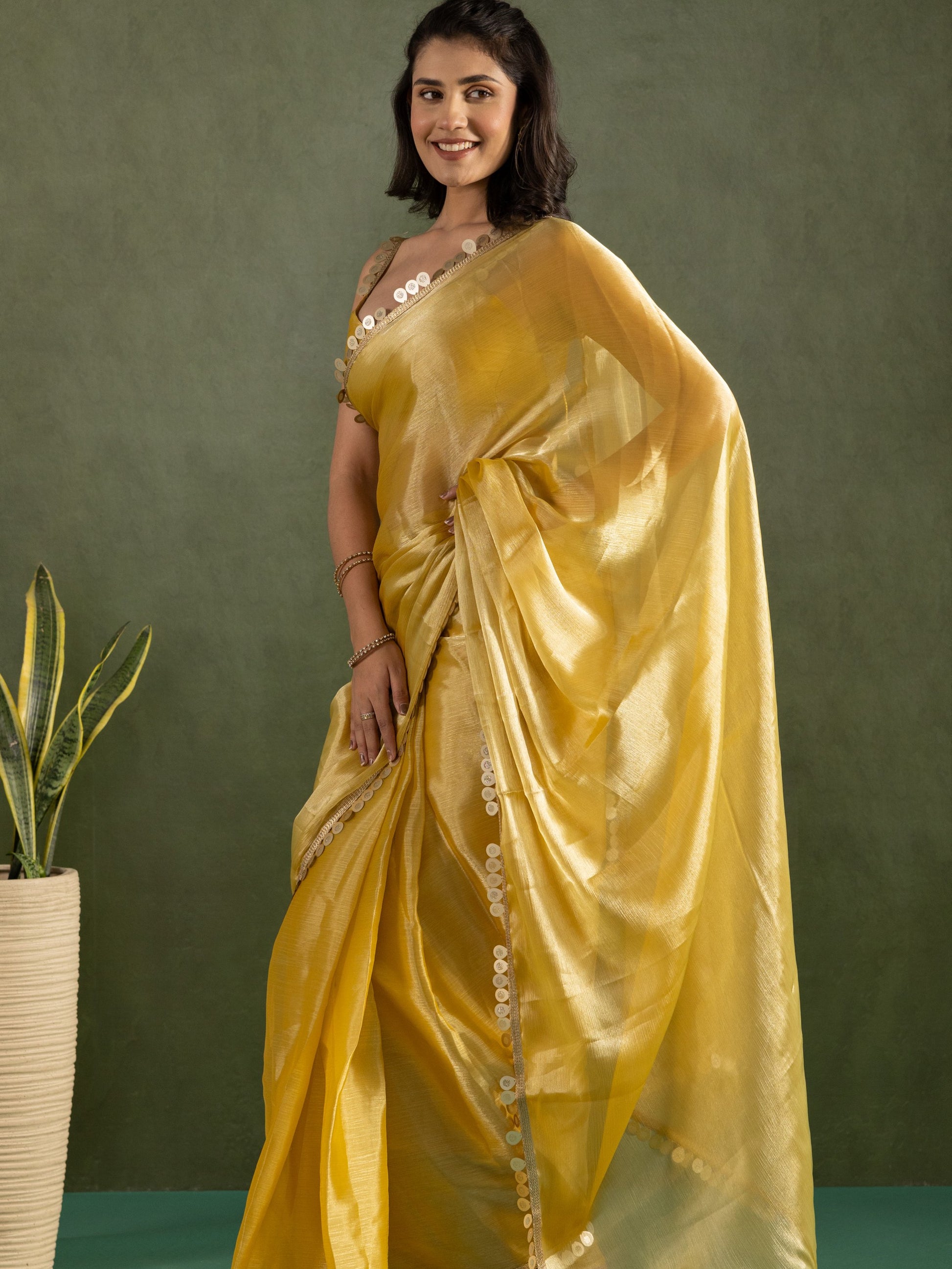 Lovable Yellow Lace Bordered Chiffon Ready To Wear Saree With Blouse