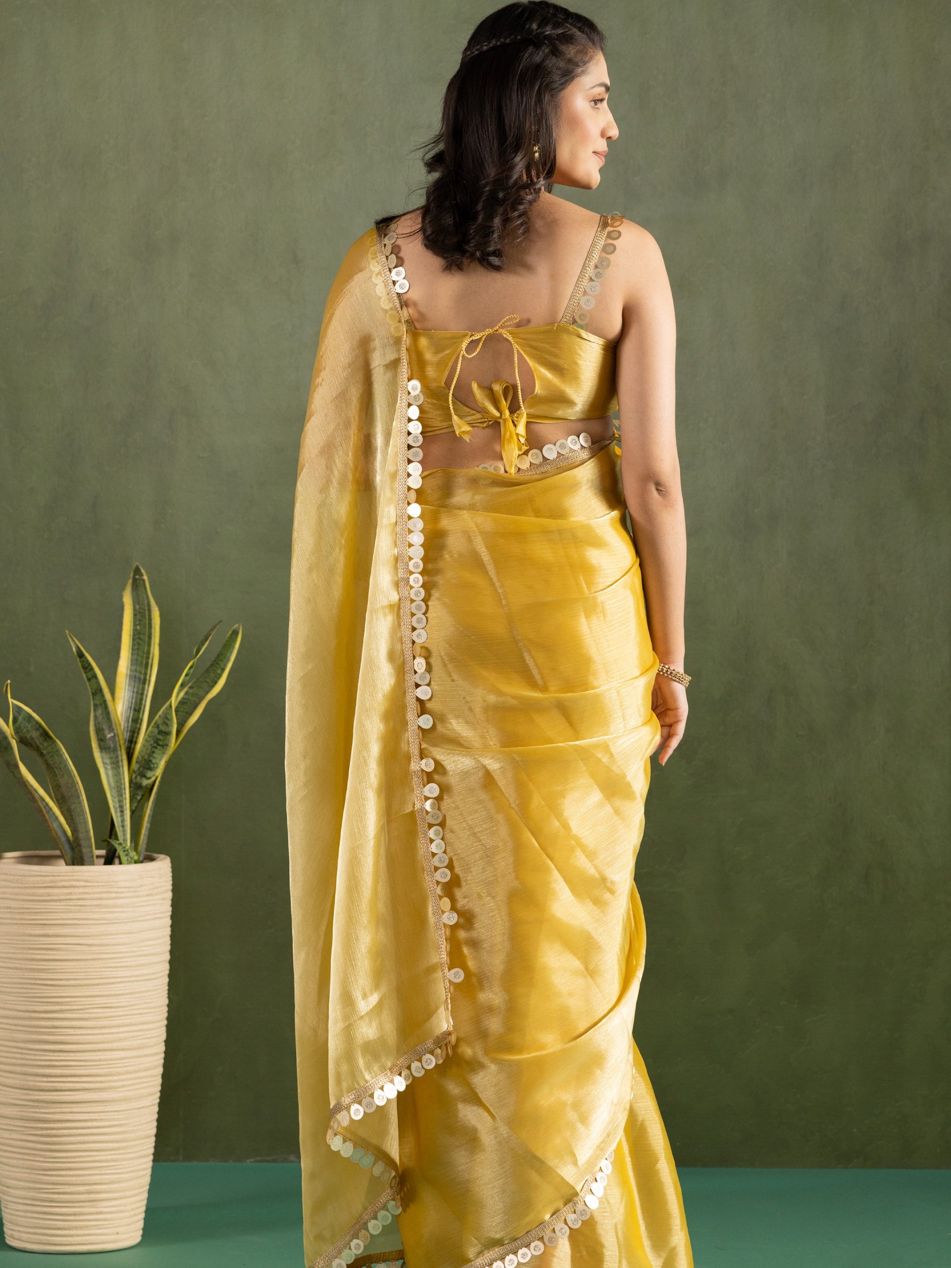 Lovable Yellow Lace Bordered Chiffon Ready To Wear Saree With Blouse