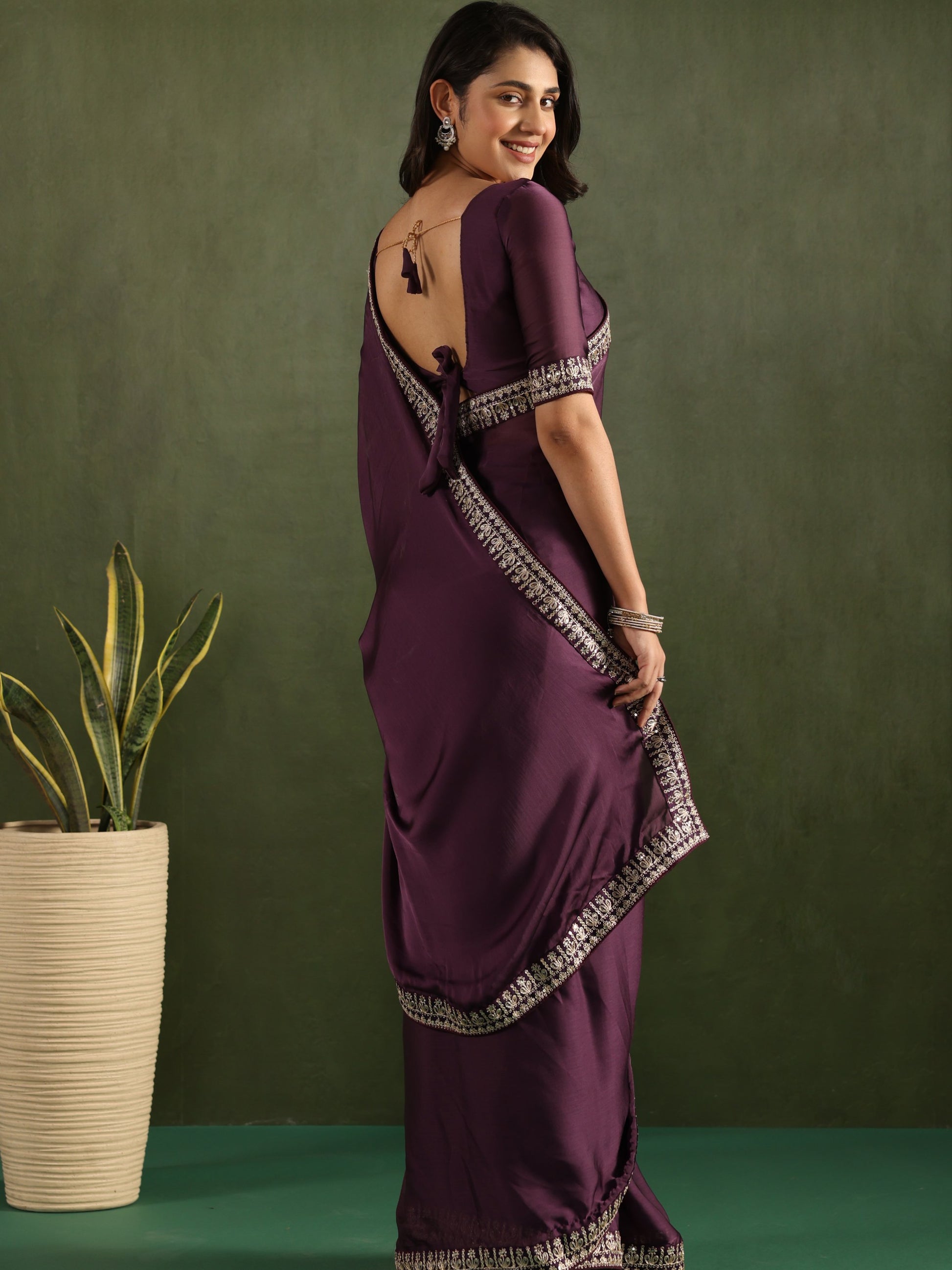 Refreshing Purple Border Work Chiffon Festive Wear Pre-Stitched Saree