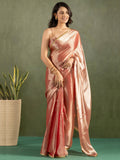 Elegant Rose Gold Lace Bordered Chiffon Reception Wear Ready To Wear Saree