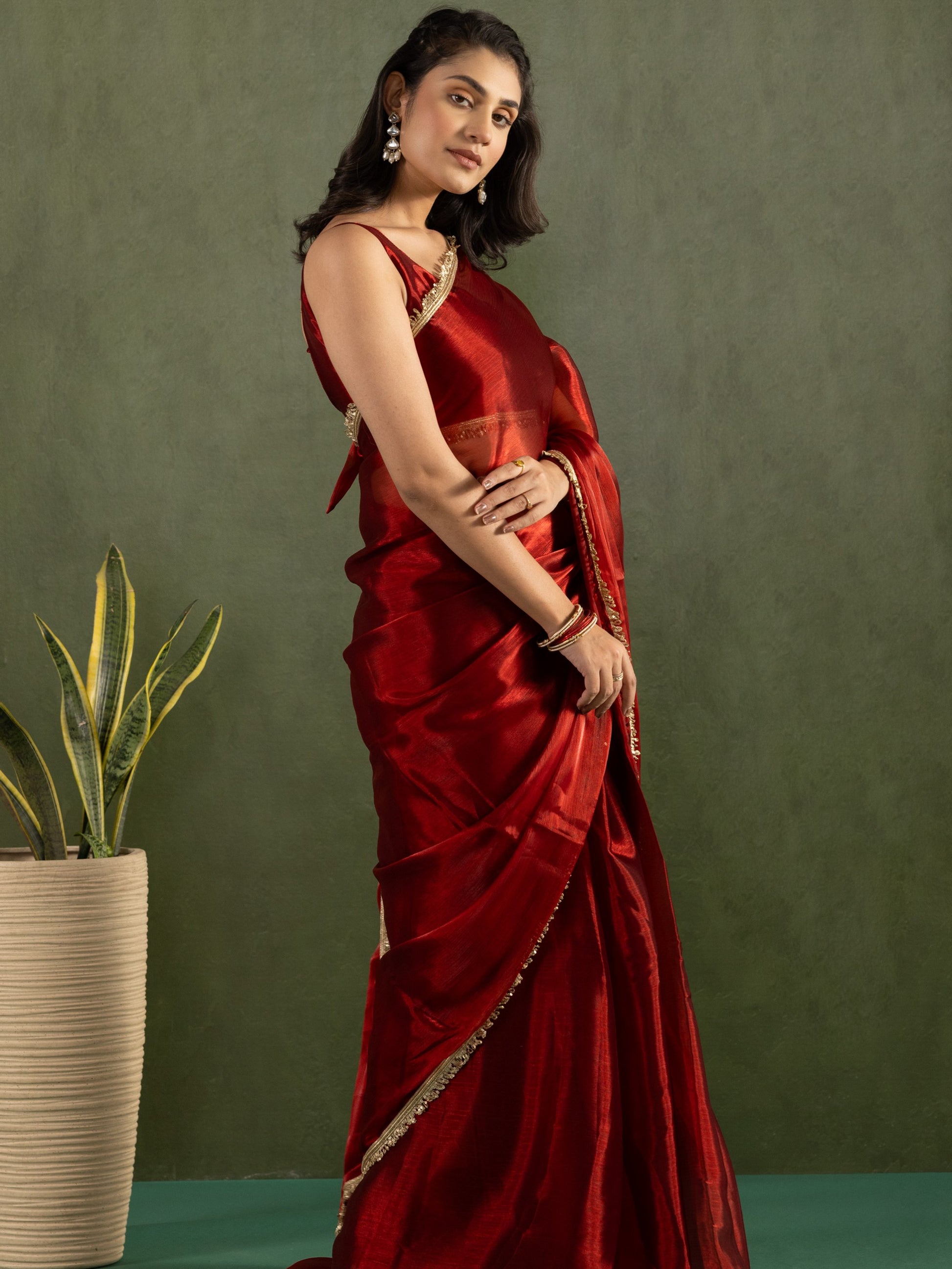 Majestic Red Lace Bordered Chiffon Wedding Ready To Wear Saree