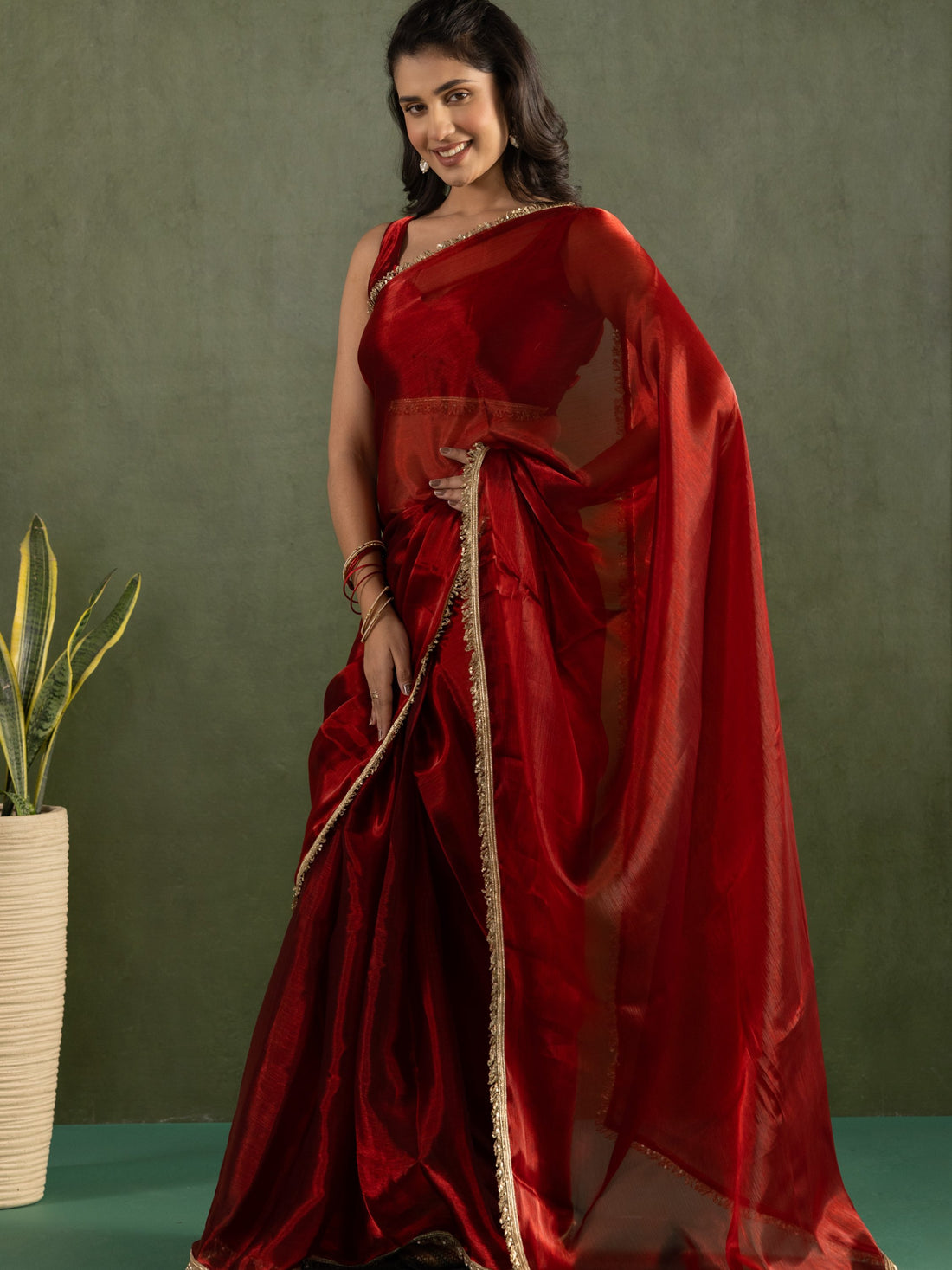 Majestic Red Lace Bordered Chiffon Wedding Ready To Wear Saree