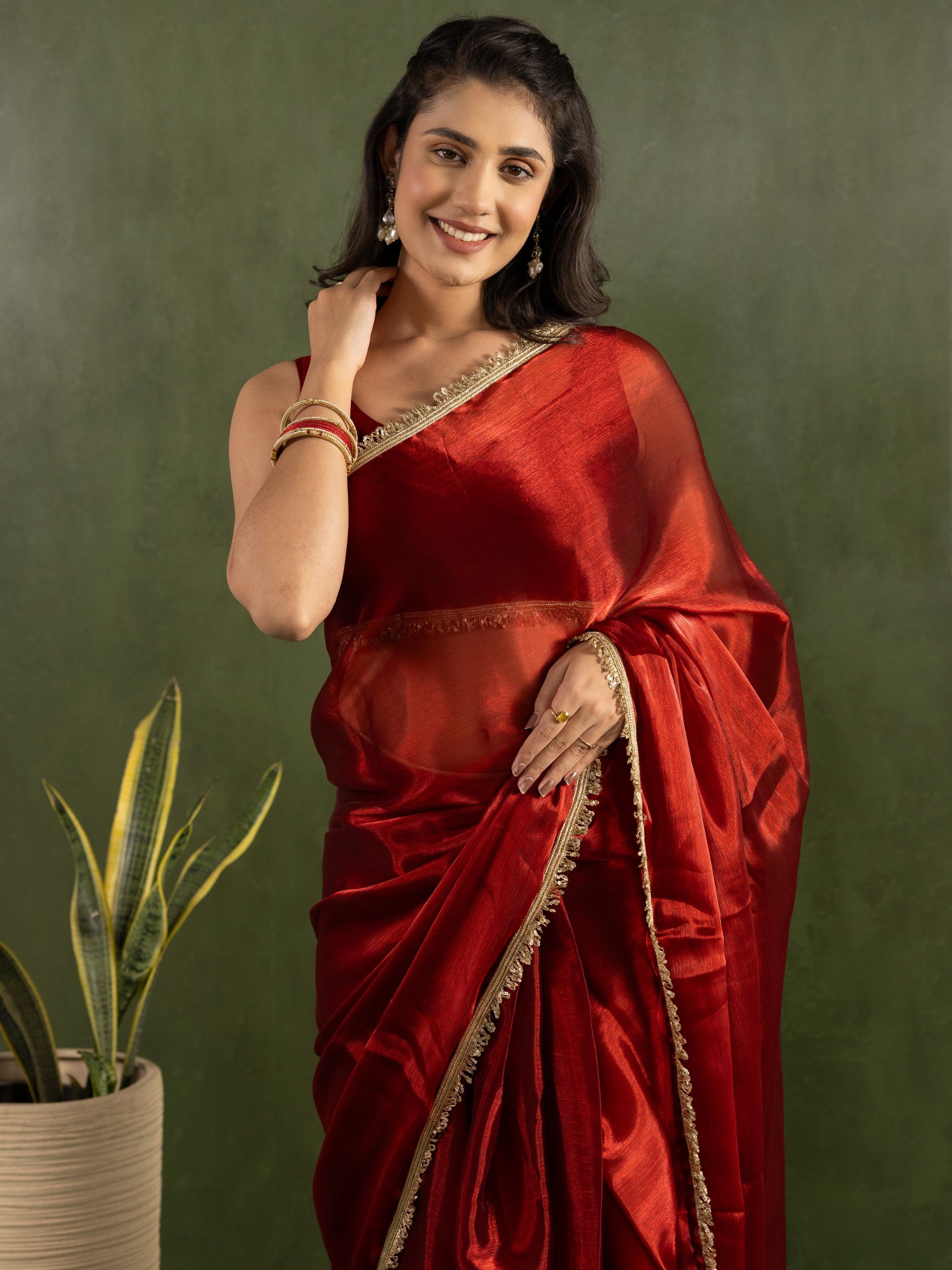 Majestic Red Lace Bordered Chiffon Wedding Ready To Wear Saree