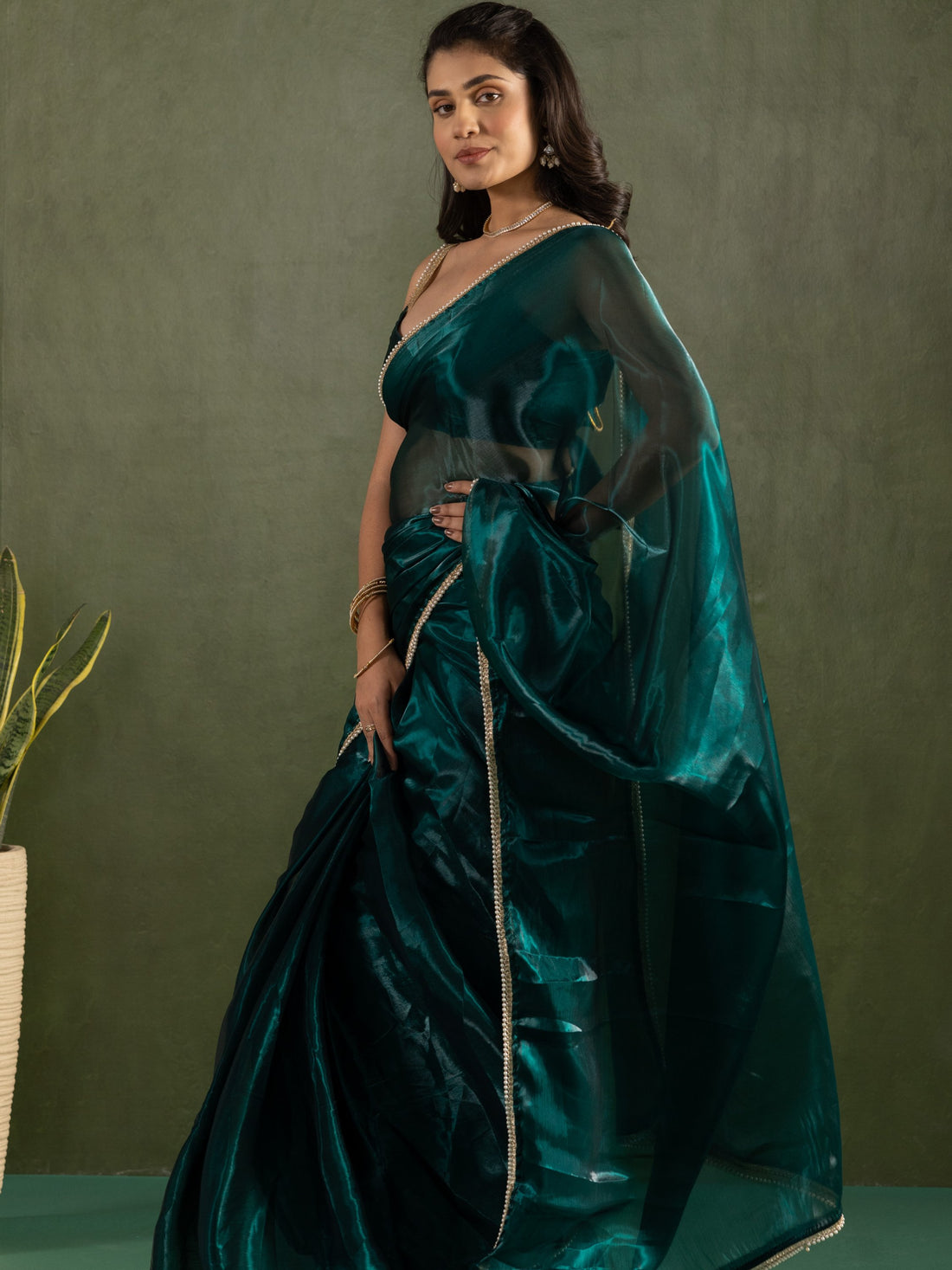 Dazzling Teal Blue Lace Bordered Chiffon Engagement Ready To Wear Saree