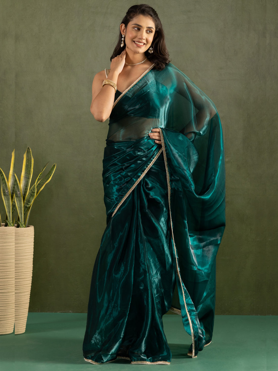 Dazzling Teal Blue Lace Bordered Chiffon Engagement Ready To Wear Saree
