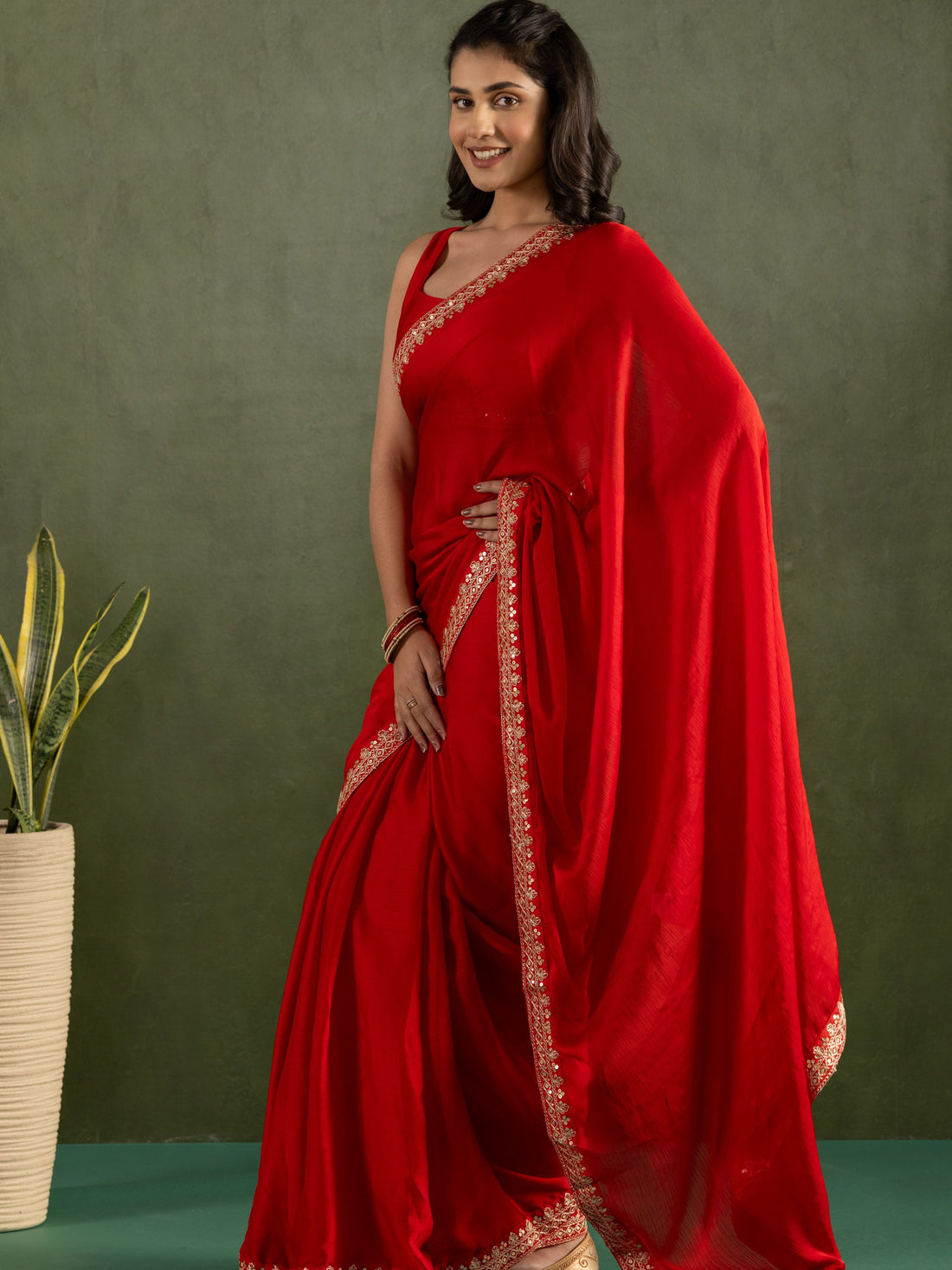 Gleaming Red Border Work Chiffon Wedding Ready To Wear Saree With Blouse