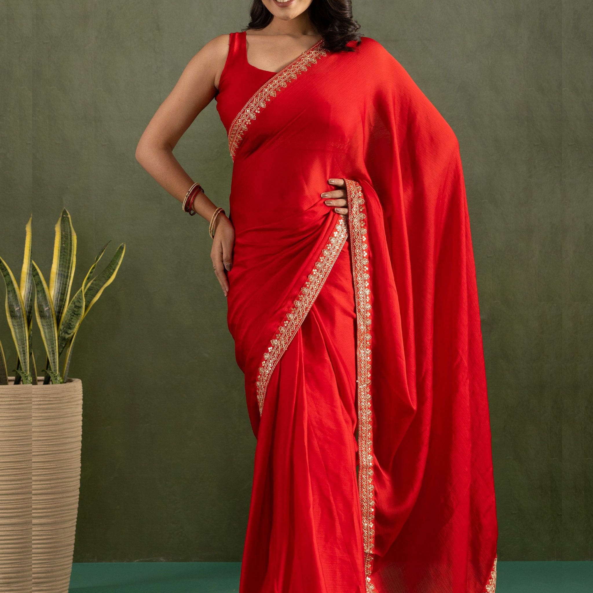 Gleaming Red Border Work Chiffon Wedding Ready To Wear Saree With Blouse