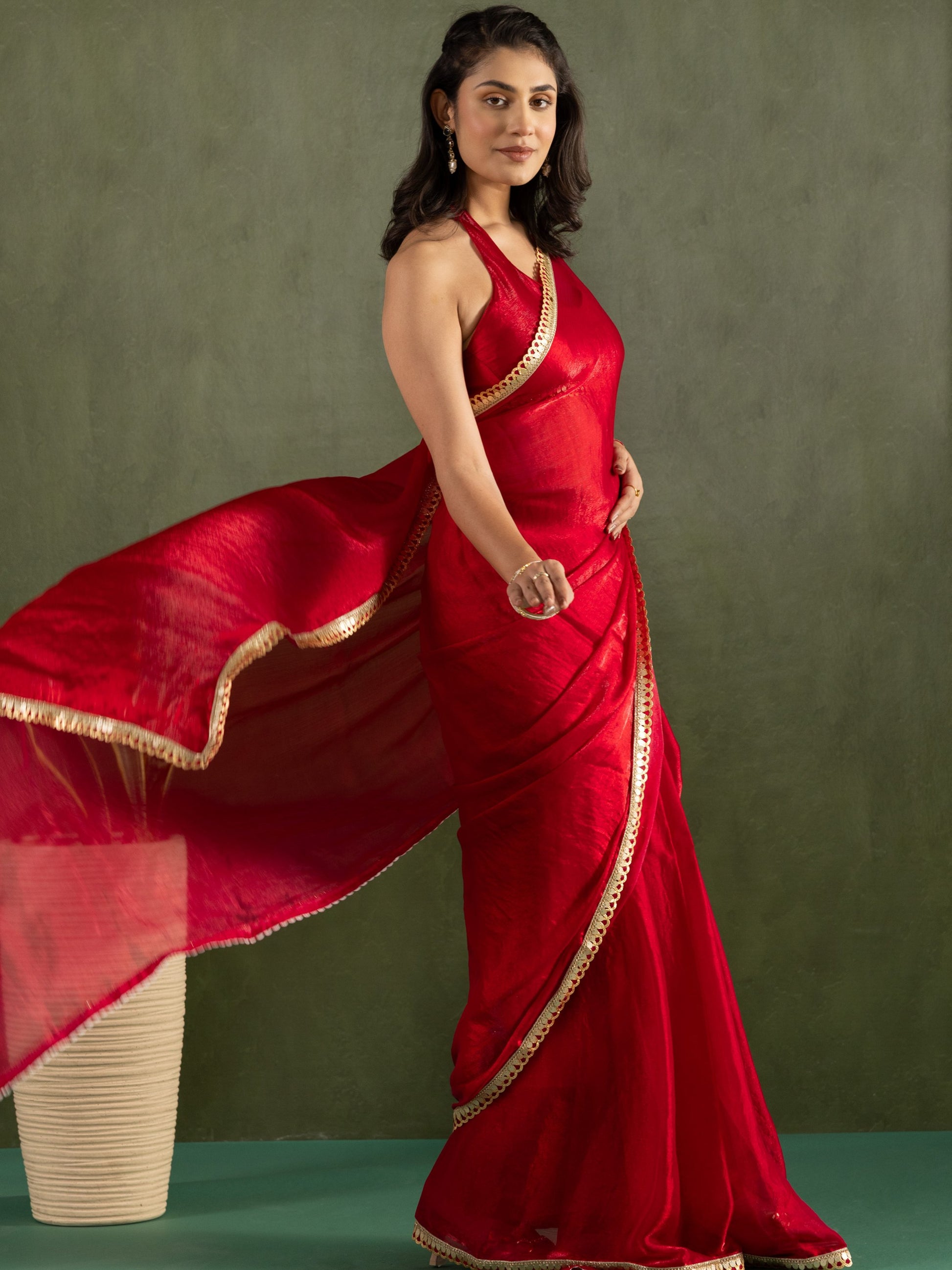 Stunning Red Lace Bordered Chiffon Traditional Ready To Wear Saree With Blouse