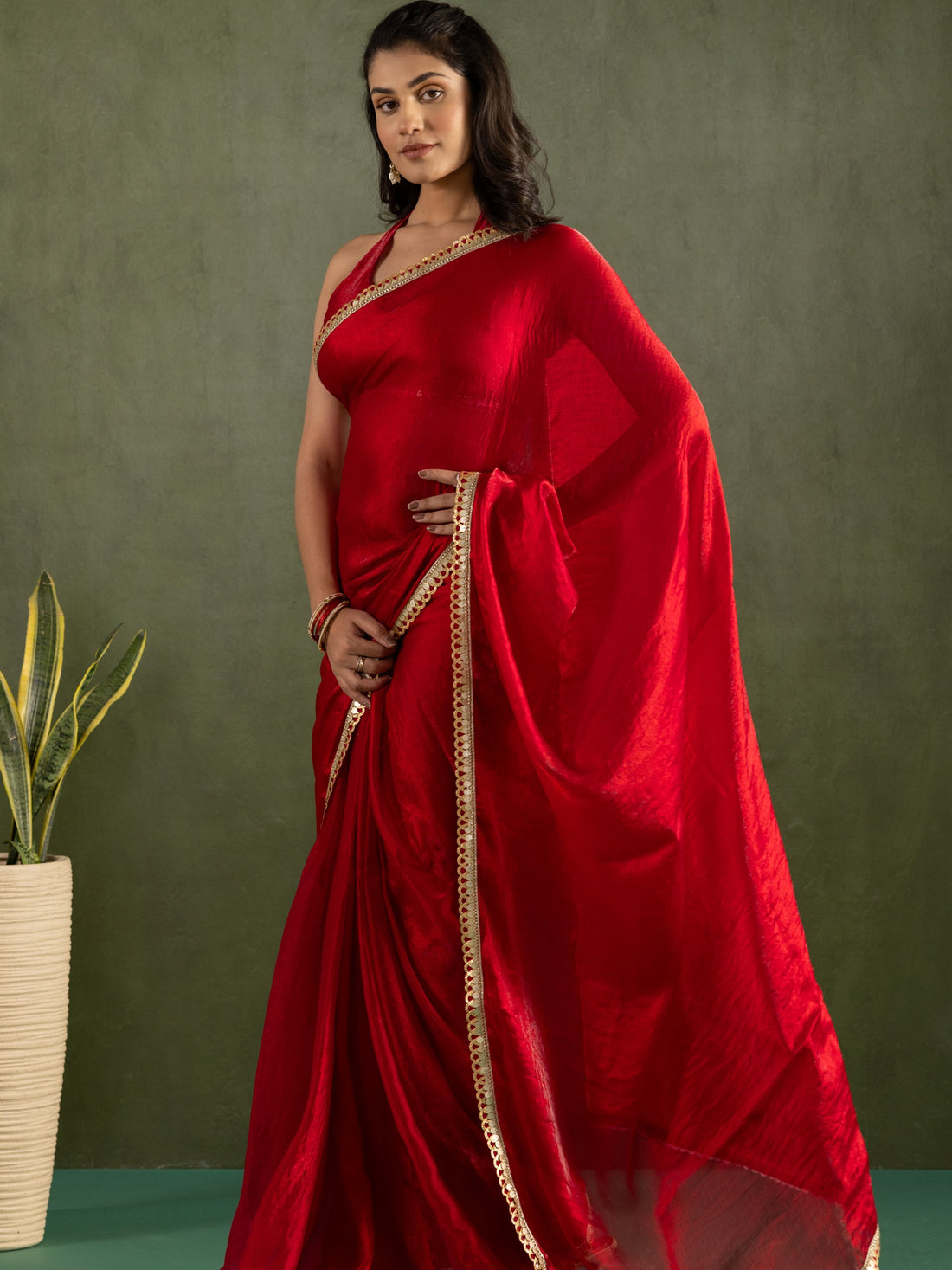 Stunning Red Lace Bordered Chiffon Traditional Ready To Wear Saree With Blouse