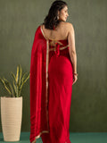 Stunning Red Lace Bordered Chiffon Traditional Ready To Wear Saree With Blouse
