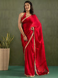 Stunning Red Lace Bordered Chiffon Traditional Ready To Wear Saree With Blouse
