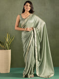 Marvelous Pista Green Border Work Chiffon Ready To Wear Saree With Blouse