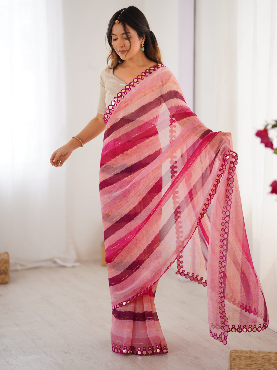 Majestic Pink Leheriya Printed Chiffon Party Wear Saree With Blouse