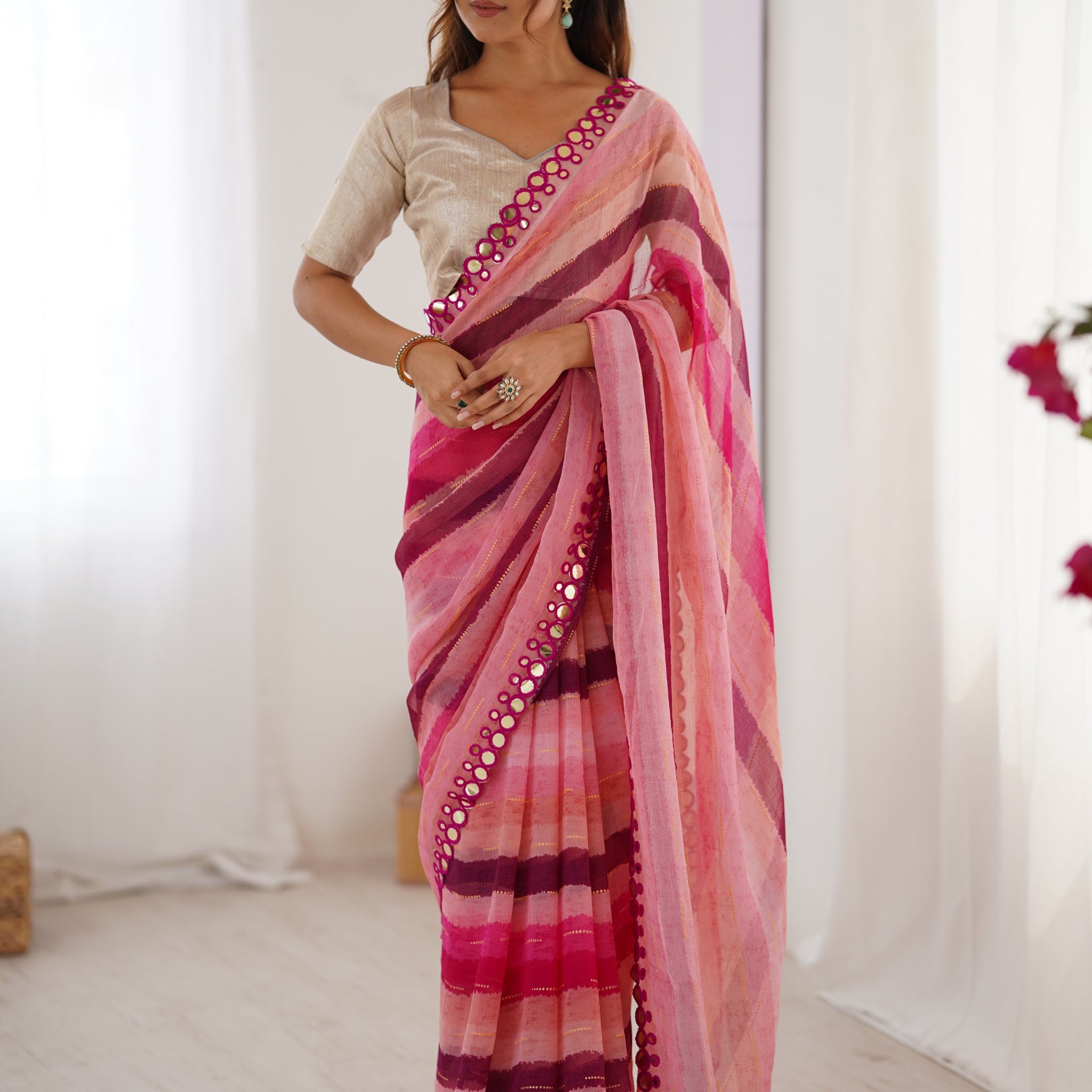 Majestic Pink Leheriya Printed Chiffon Party Wear Saree With Blouse