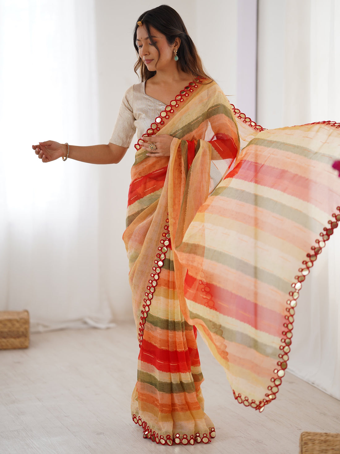 Fascinating Coral Red Leheriya Printed Chiffon Wedding Wear Saree