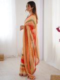 Fascinating Coral Red Leheriya Printed Chiffon Wedding Wear Saree