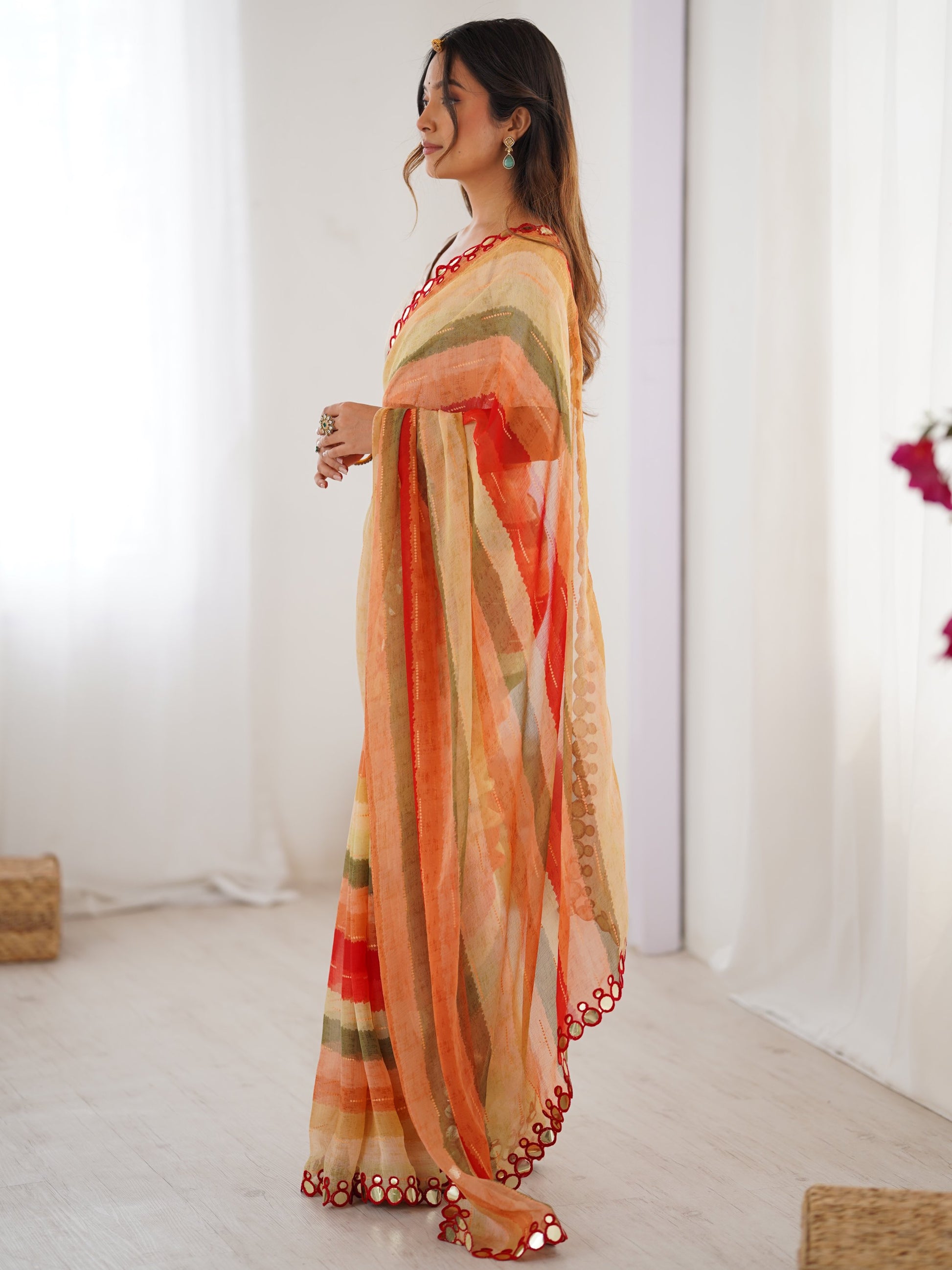 Fascinating Coral Red Leheriya Printed Chiffon Wedding Wear Saree