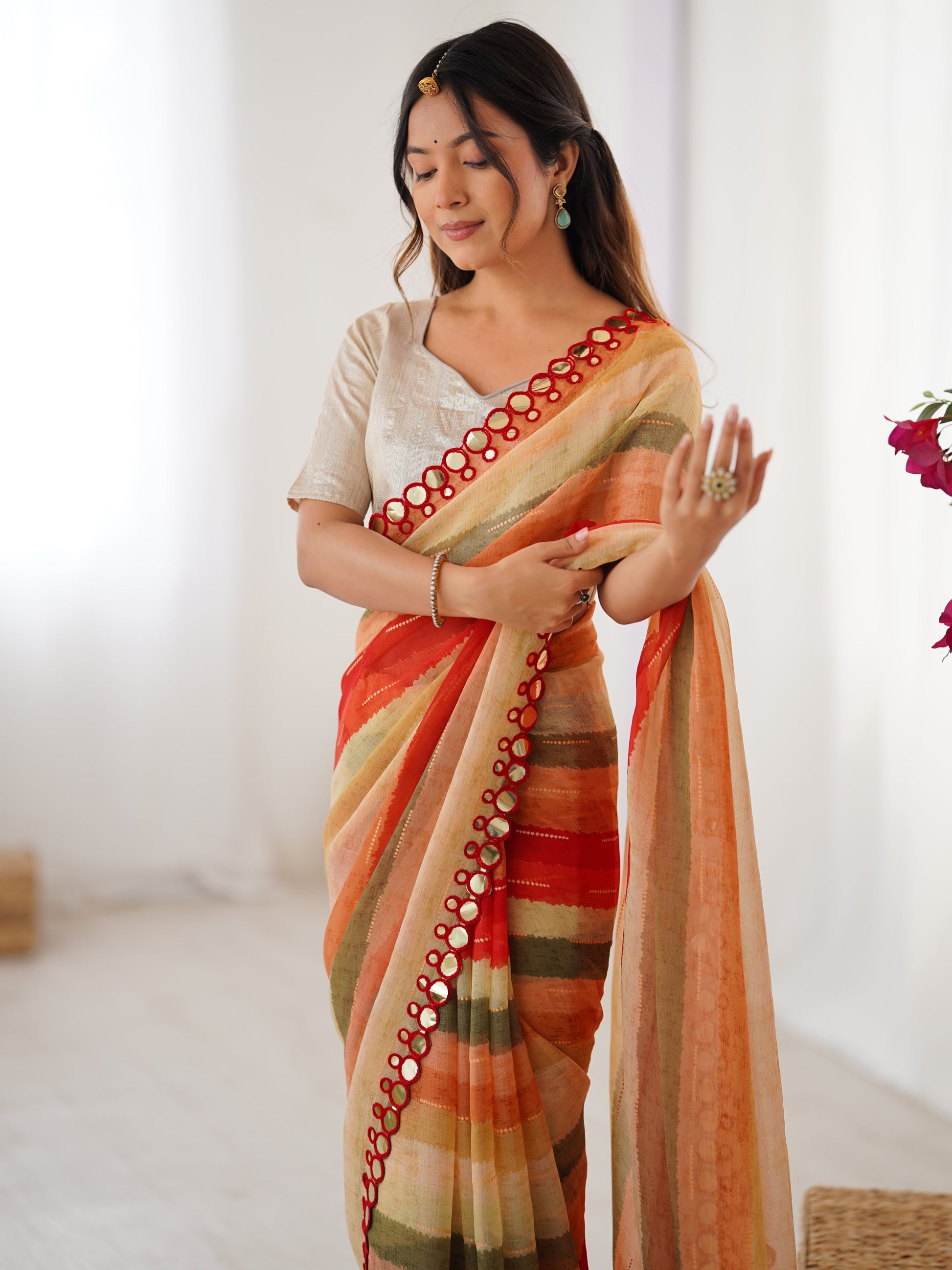 Fascinating Coral Red Leheriya Printed Chiffon Wedding Wear Saree