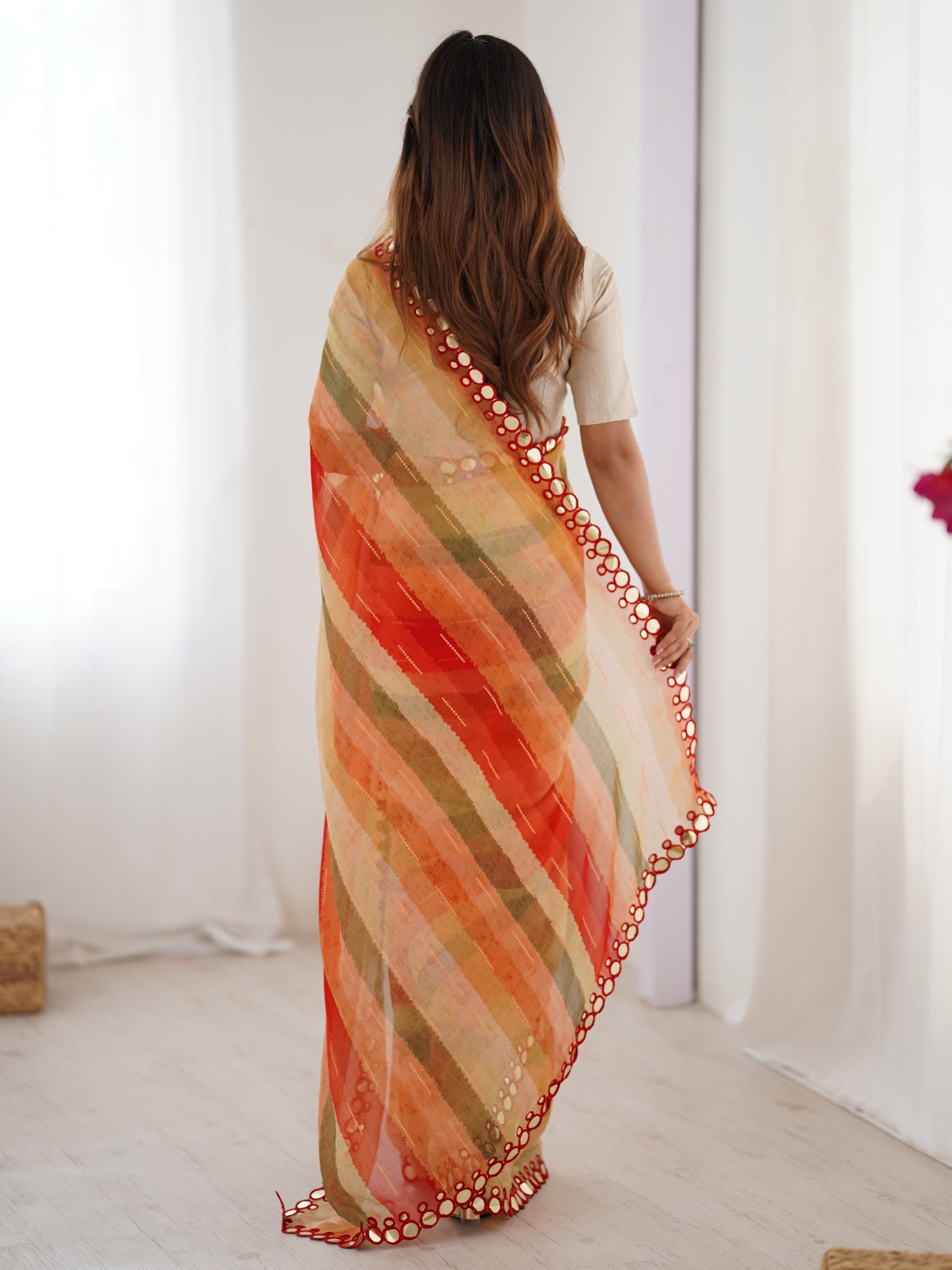 Fascinating Coral Red Leheriya Printed Chiffon Wedding Wear Saree