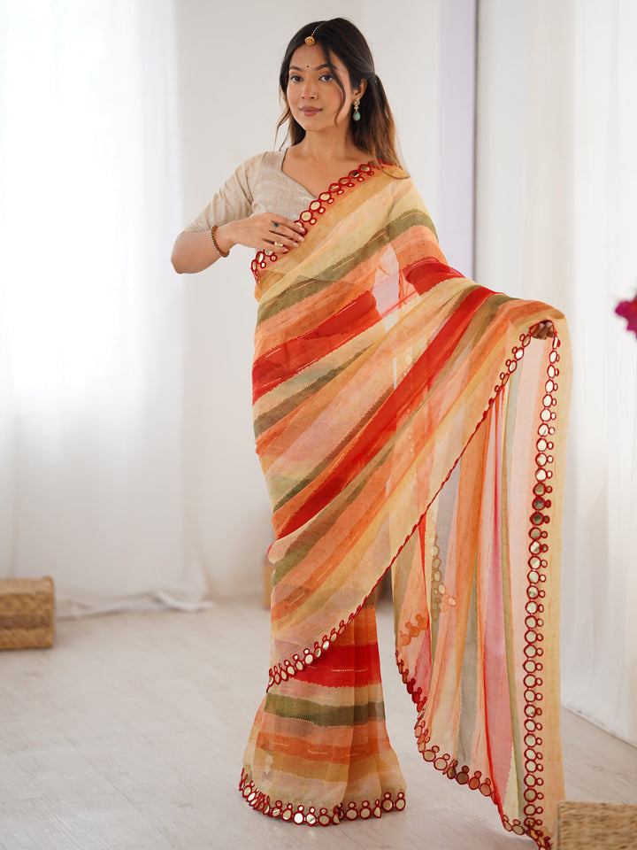 Fascinating Coral Red Leheriya Printed Chiffon Wedding Wear Saree