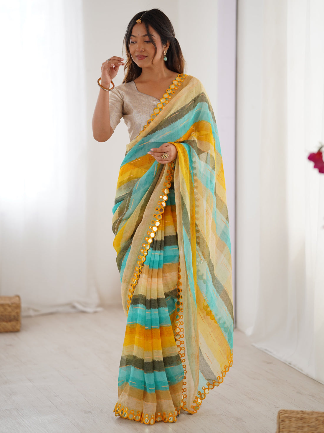Delightful Yellow Leheriya Printed Chiffon Haldi Wear Saree