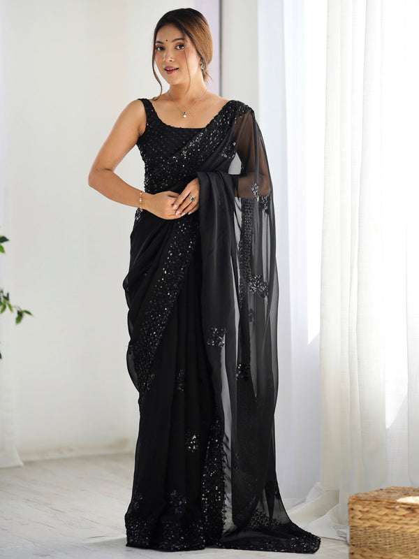 Lovable Black Thread Work Georgette Party Wear Saree With Blouse