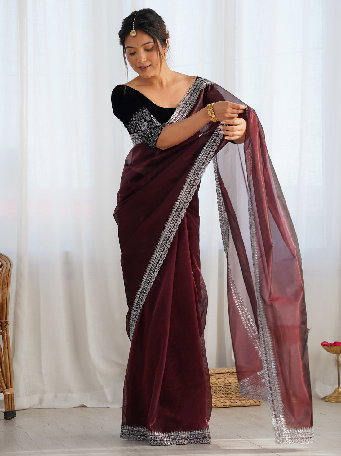 Impressive Maroon Border Work Net Wedding Wear Saree With Blouse