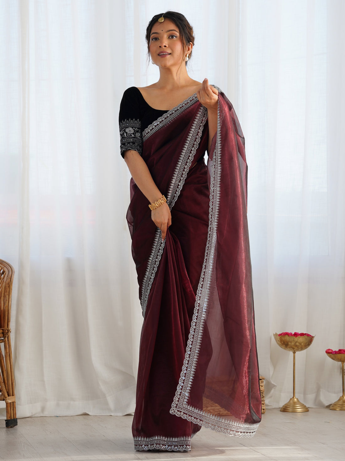 Impressive Maroon Border Work Net Wedding Wear Saree With Blouse