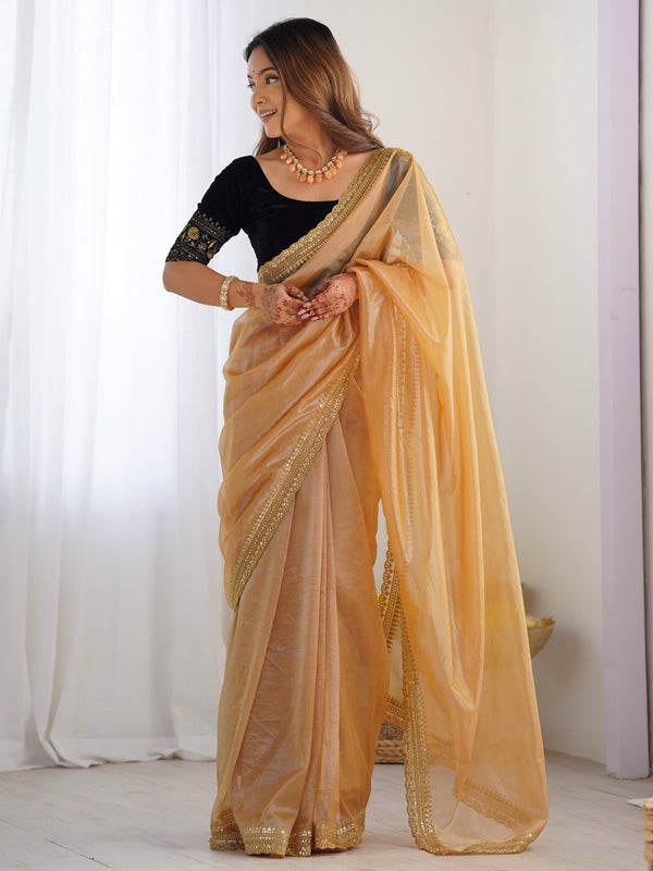 Gleaming Golden Border Work Net Evening Wear Saree With Blouse