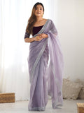 Stunning Lavender Sequins Border Work Net Saree With Blouse