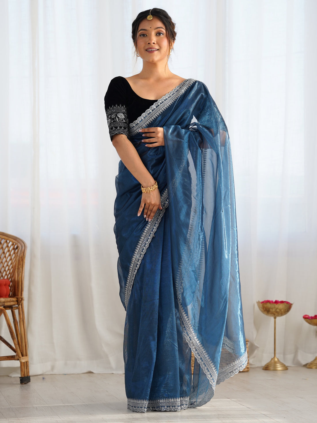 Ravishing Teal Blue Border Work Net Reception Wear Saree With Blouse