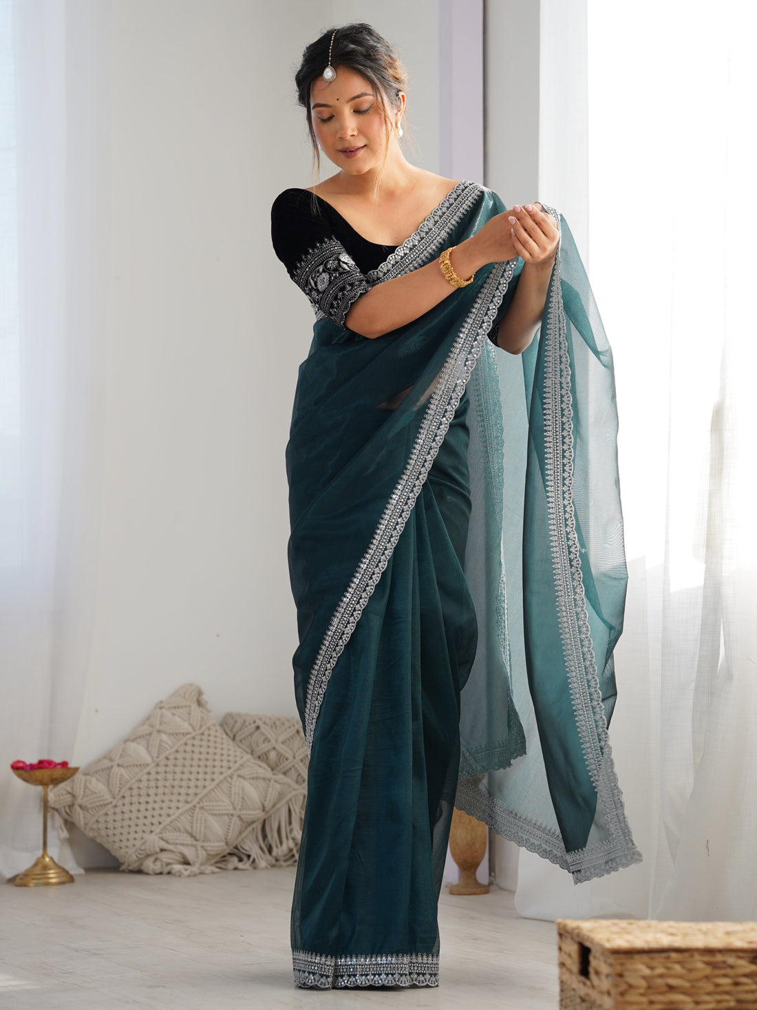 Tantalizing Teal Green Border Work Net Event Wear Saree With Blouse