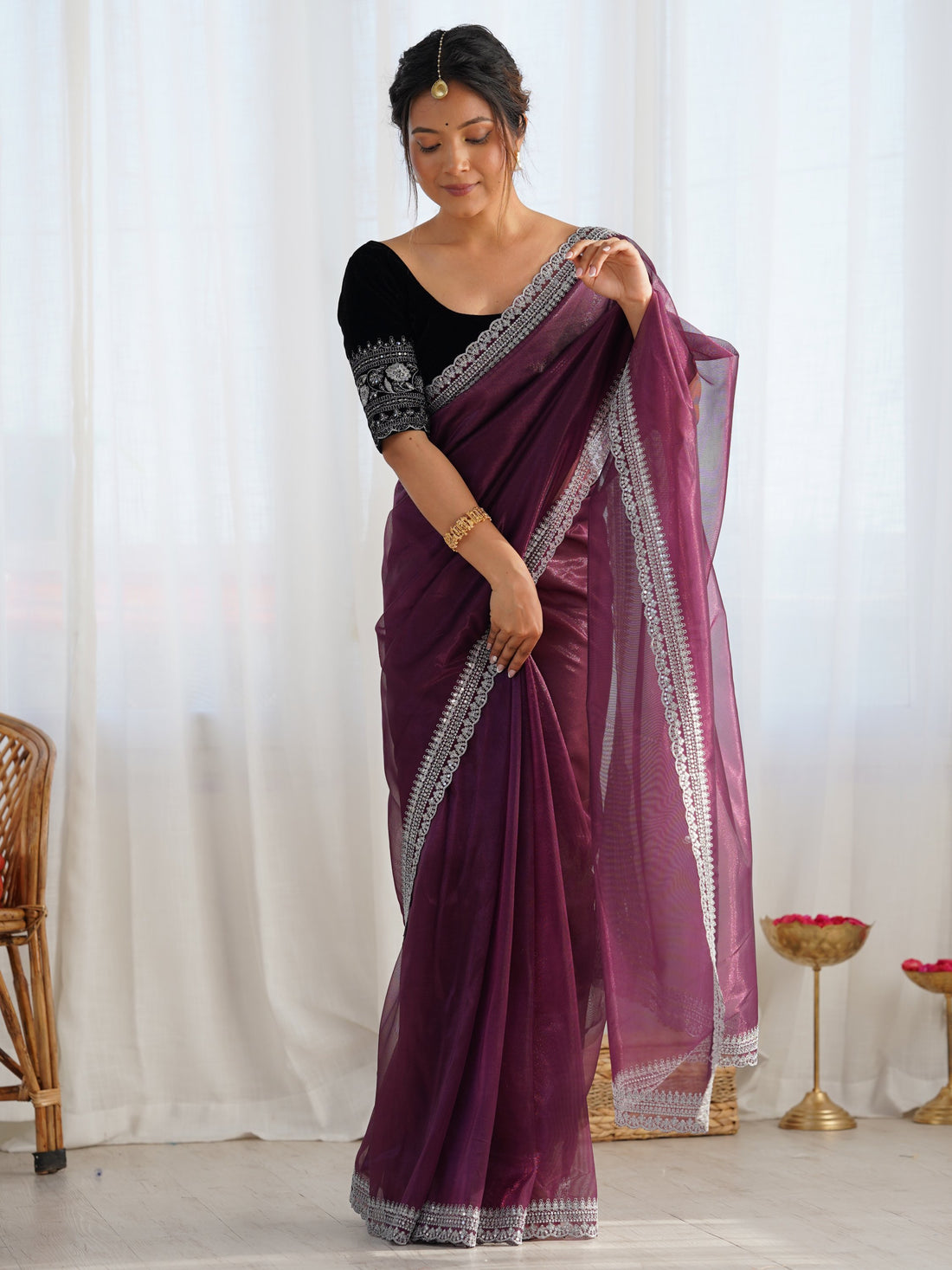 Marvelous Wine Border Work Net Party Wear Saree With Blouse
