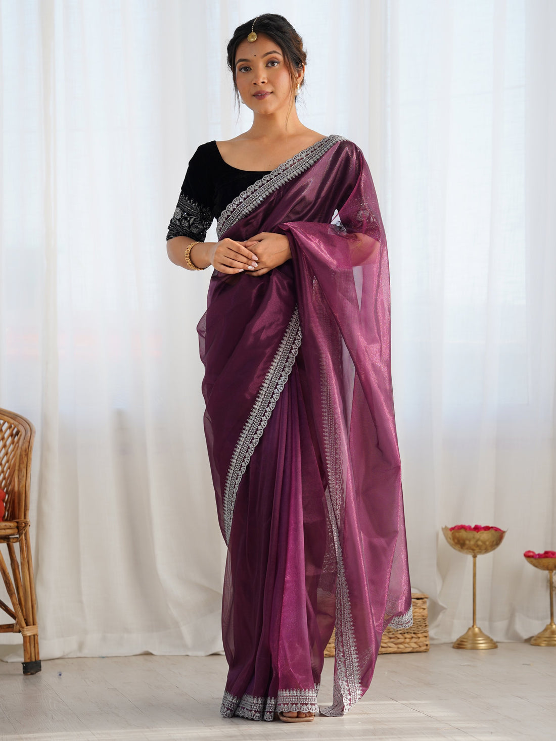 Marvelous Wine Border Work Net Party Wear Saree With Blouse