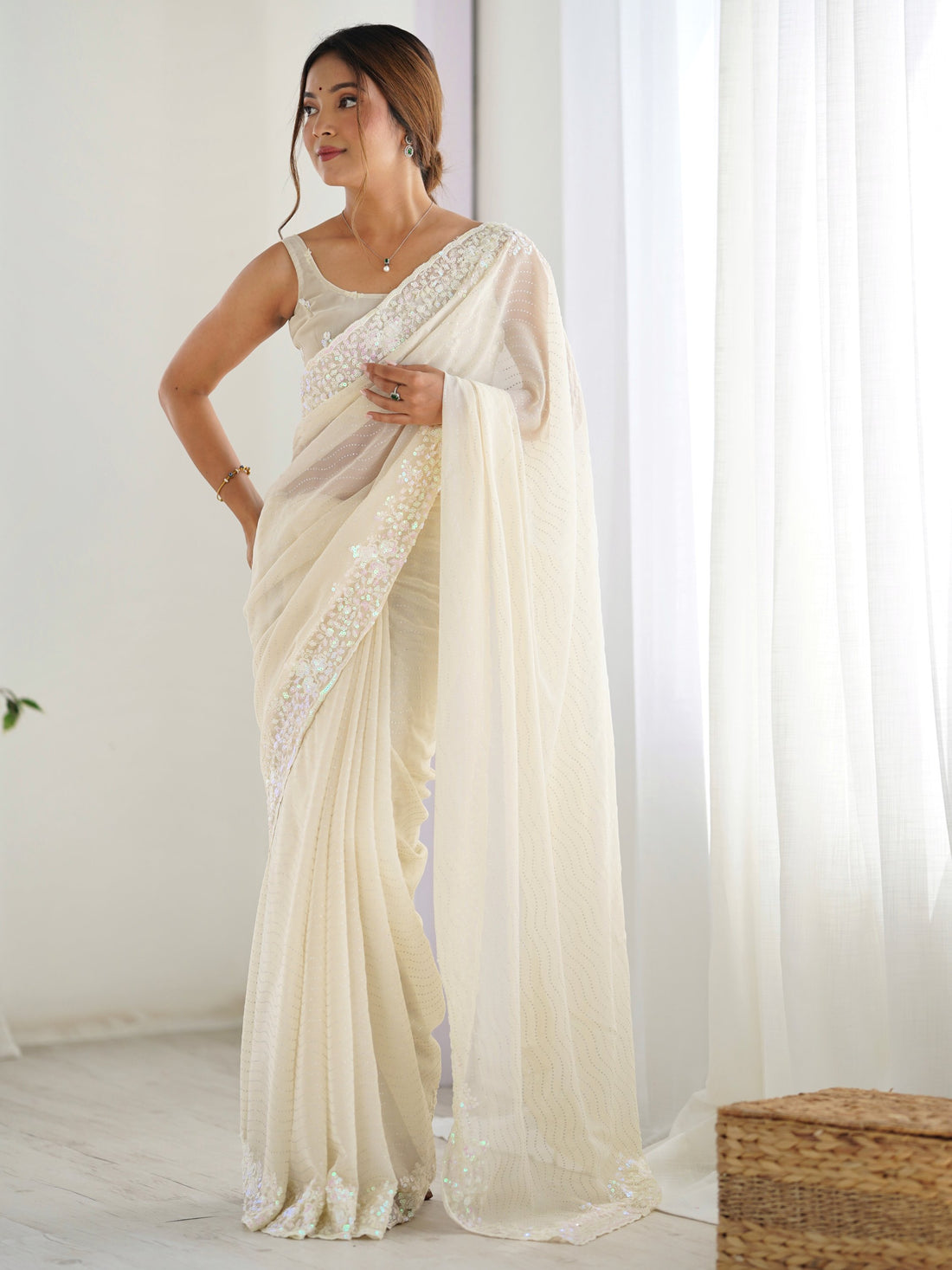Fascinating Cream Sequins Georgette Event Wear Saree With Blouse