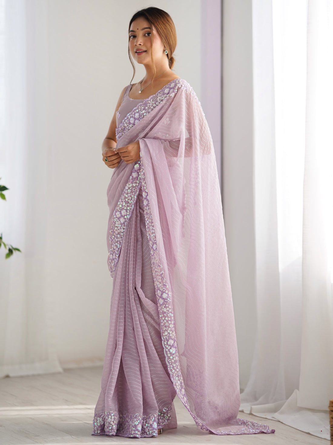 Fantabulous Lavender Embroidered Georgette Wedding Wear Saree