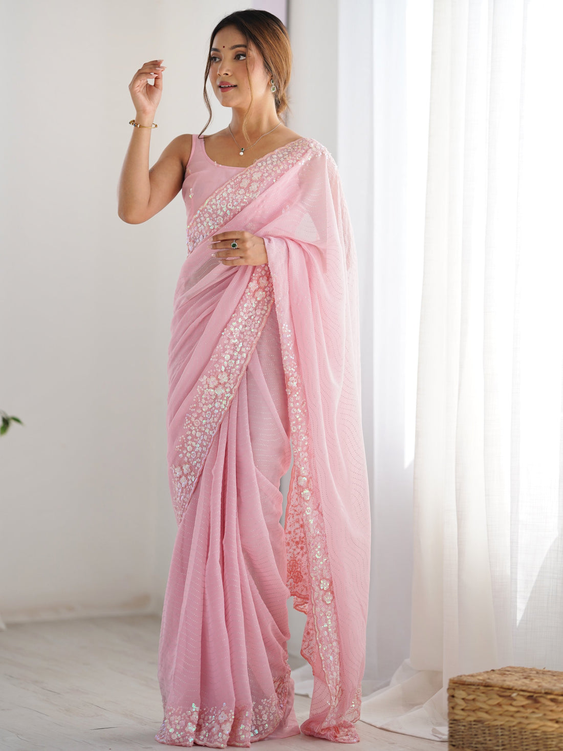 Pretty Pink Sequins Embroidered Georgette Engagement Wear Saree