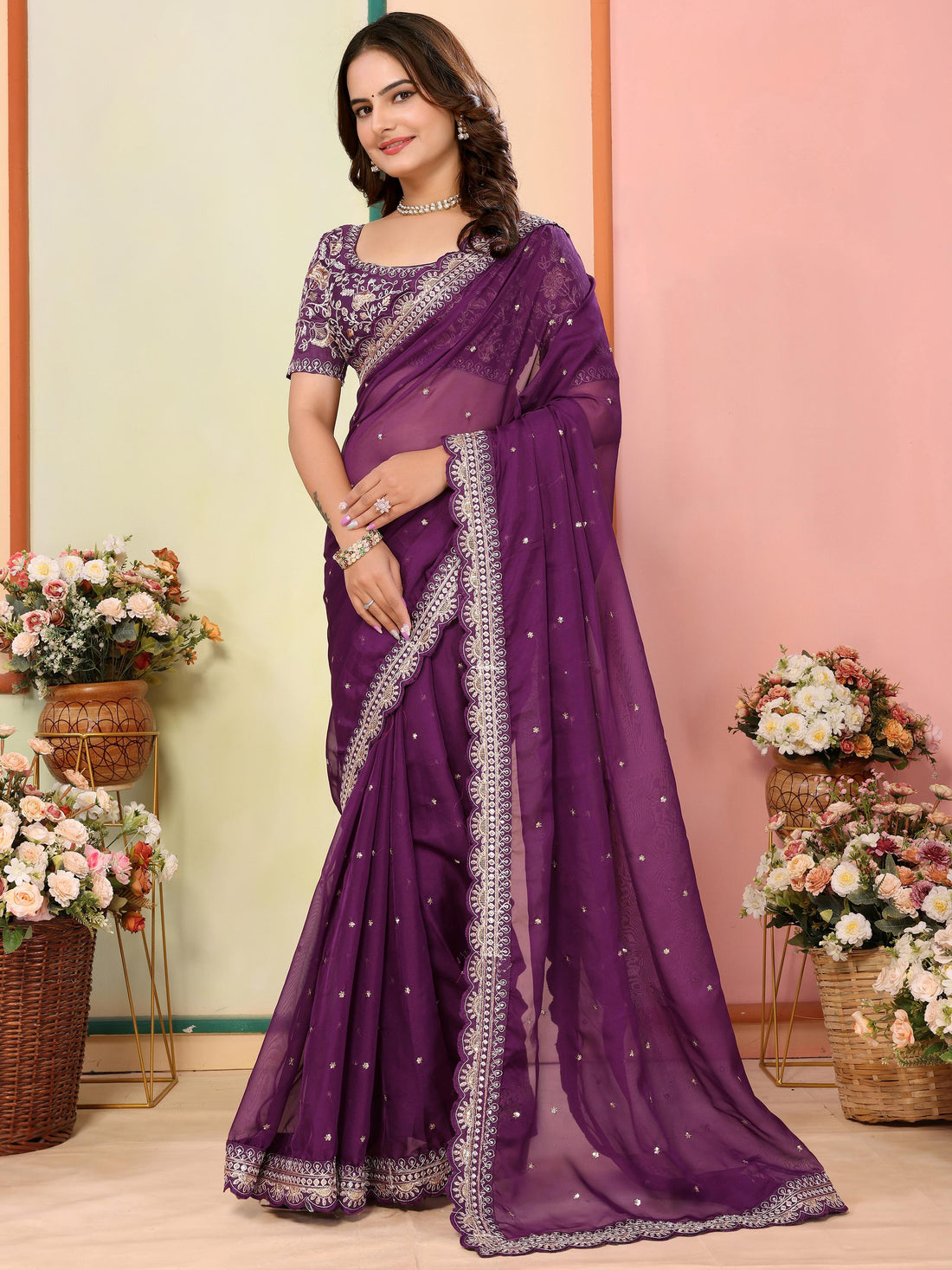 Enthralling Wine Thread Embroidered Organza Saree With Blouse
