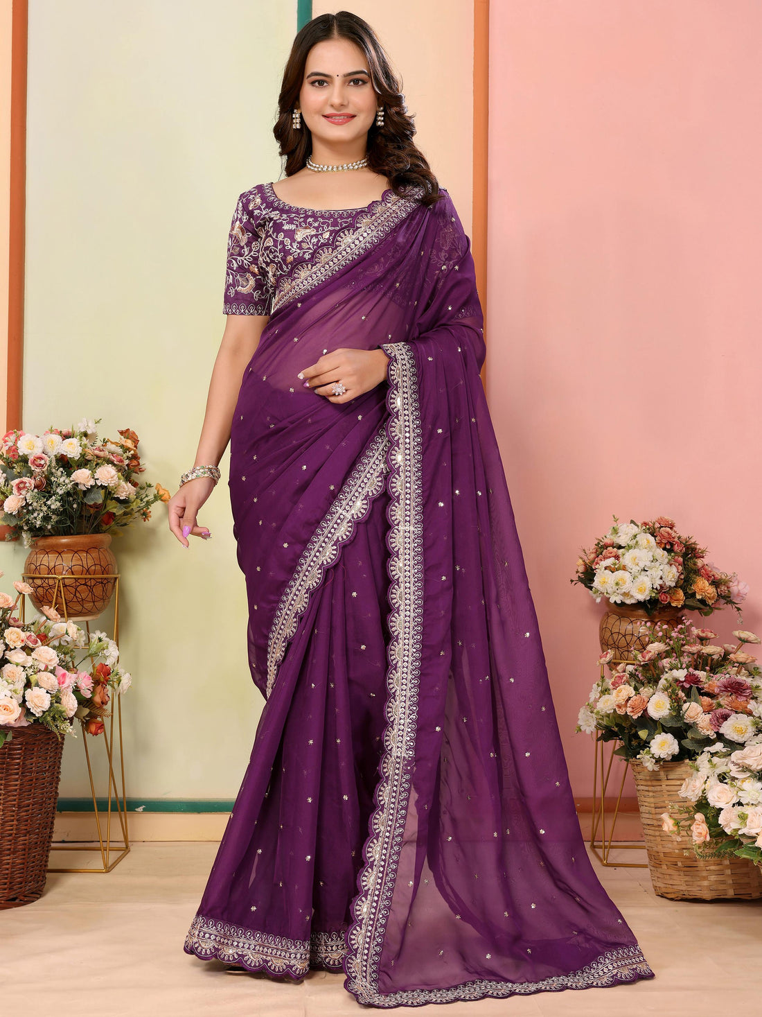 Enthralling Wine Thread Embroidered Organza Saree With Blouse