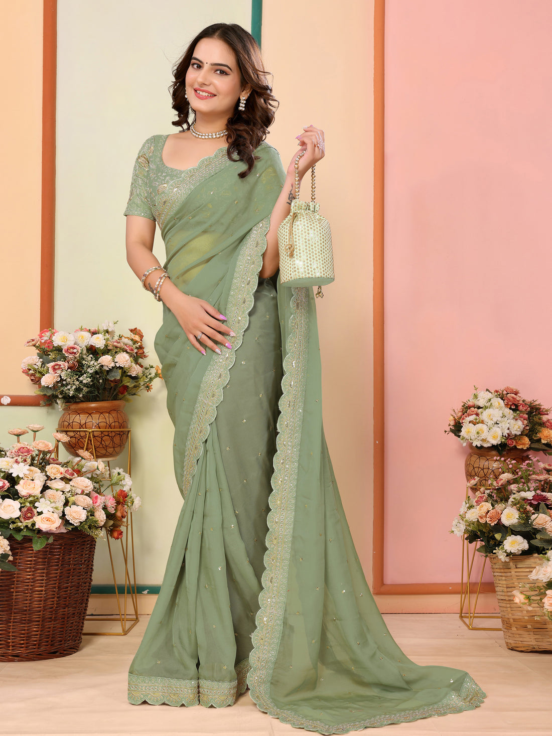 Alluring Pista Green Embroidered Organza Festive Wear Saree With Blouse