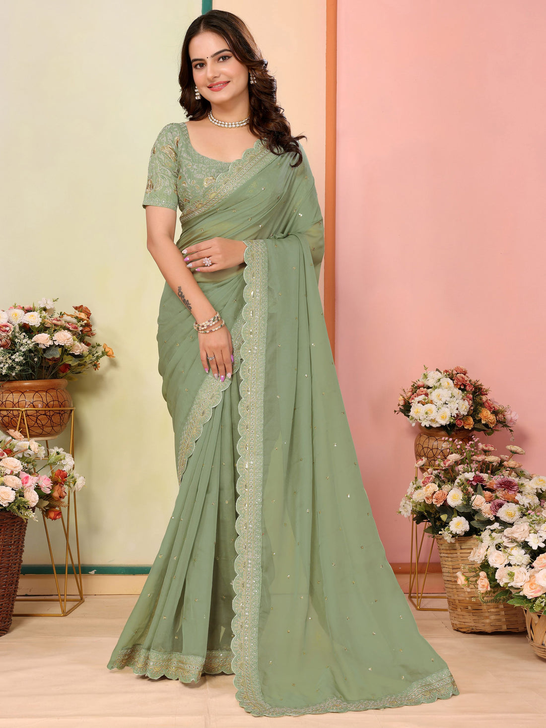 Alluring Pista Green Embroidered Organza Festive Wear Saree With Blouse