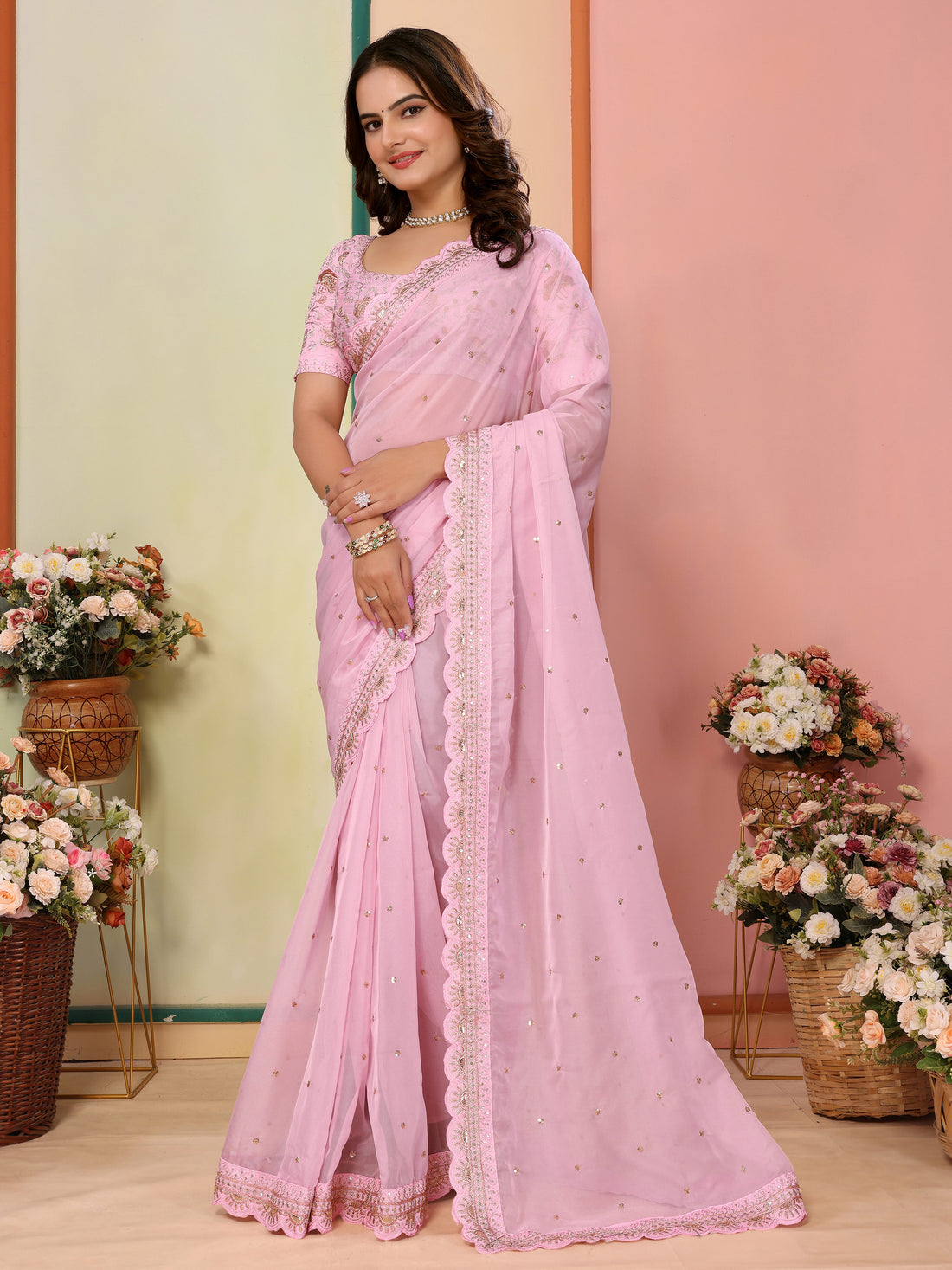 Lavish Baby Pink Thread Work Organza Party Wear Saree With Blouse