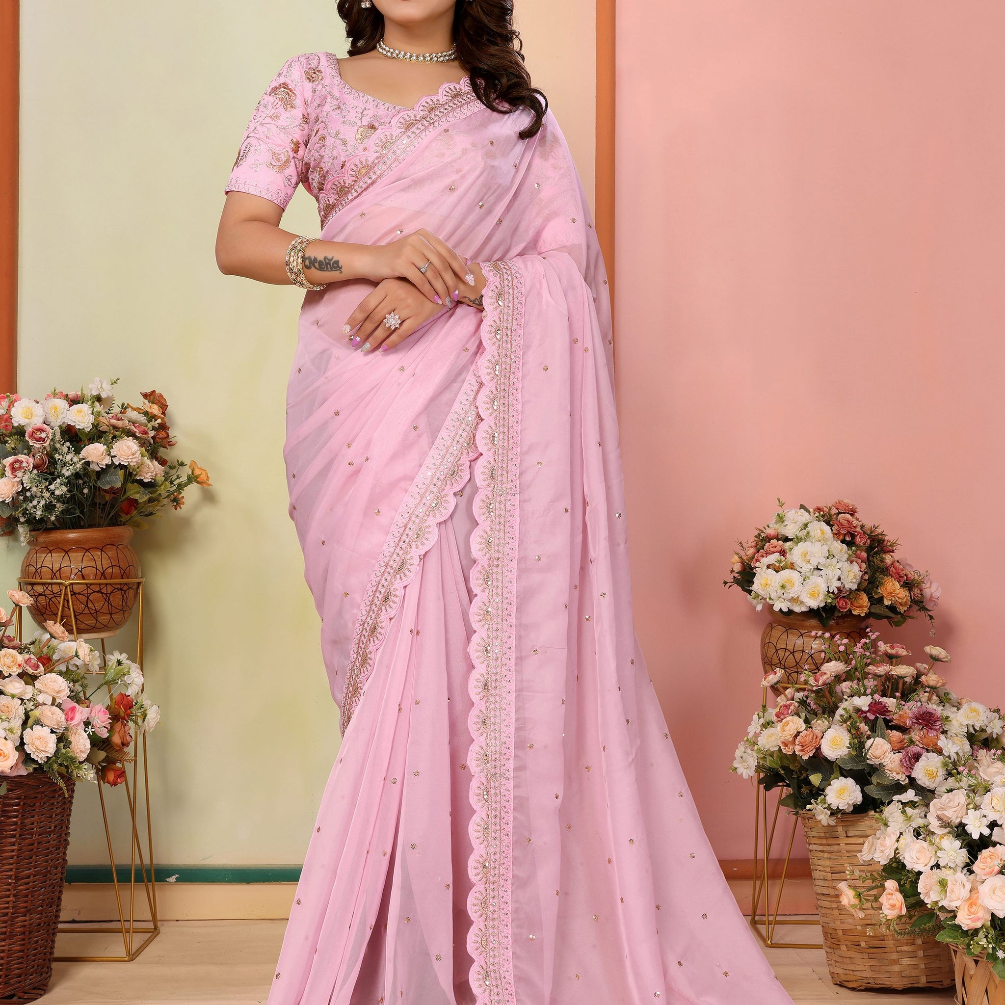 Lavish Baby Pink Thread Work Organza Party Wear Saree With Blouse