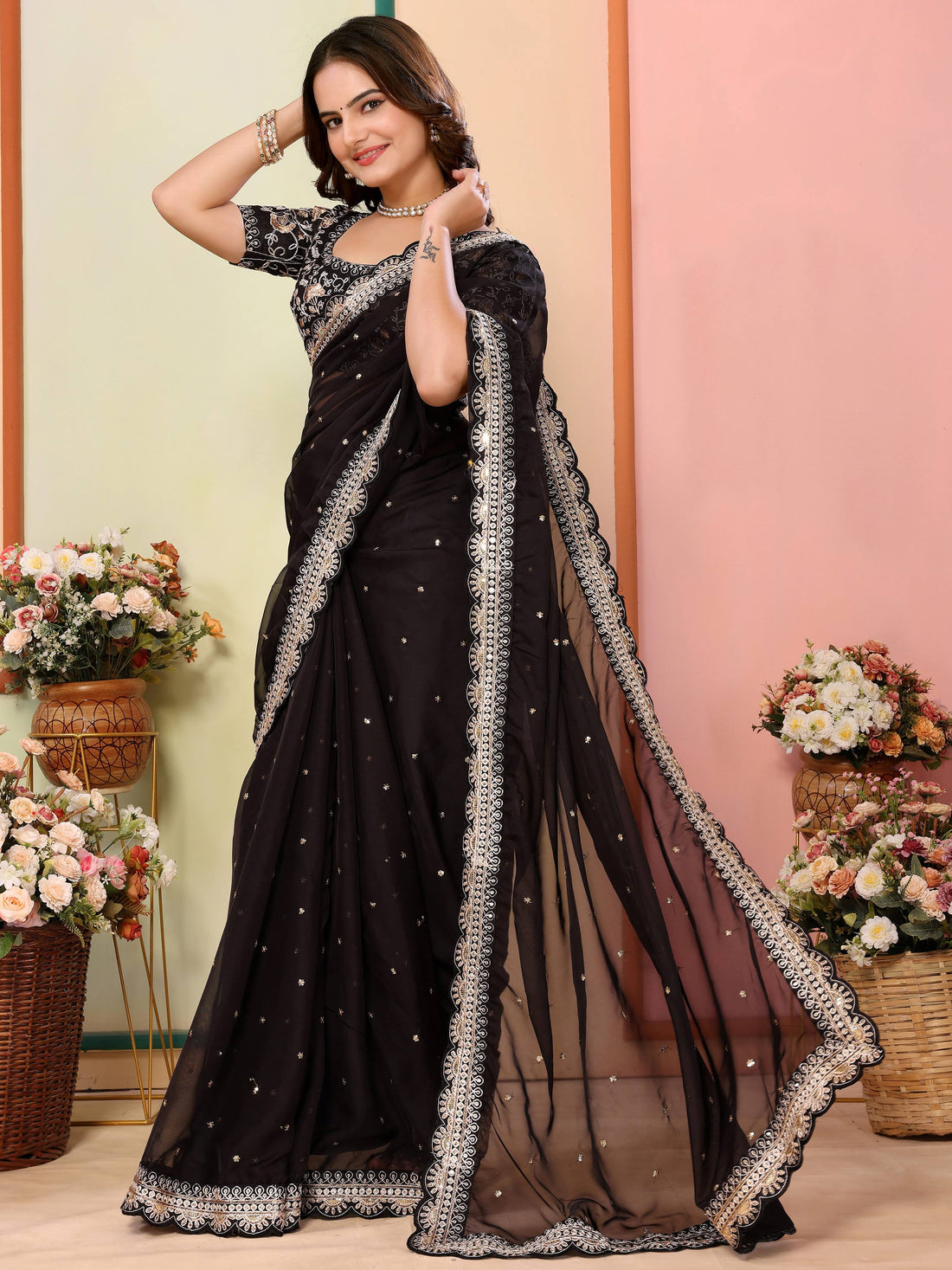 Contemporary Black Thread Embroidery Organza Evening Wear Saree