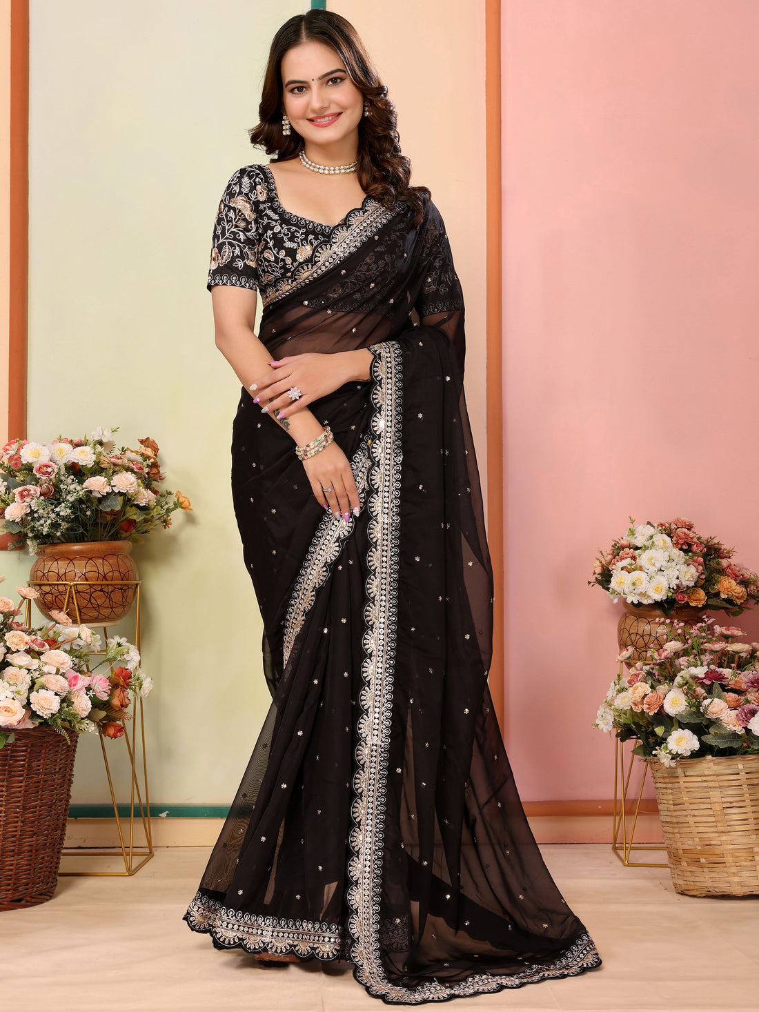 Contemporary Black Thread Embroidery Organza Evening Wear Saree