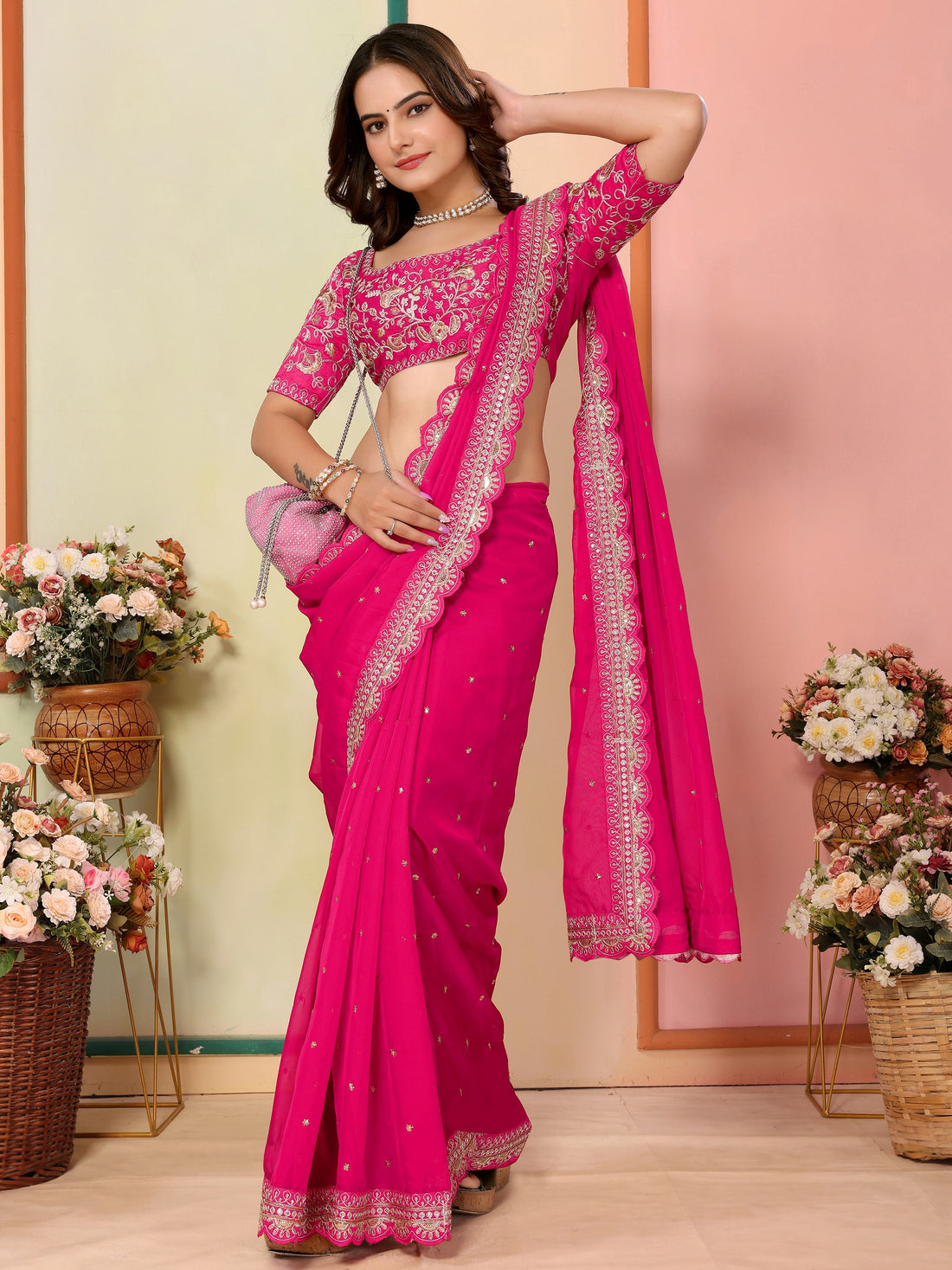 Bewitching Hot Pink Thread Embroidery Organza Event Wear Saree