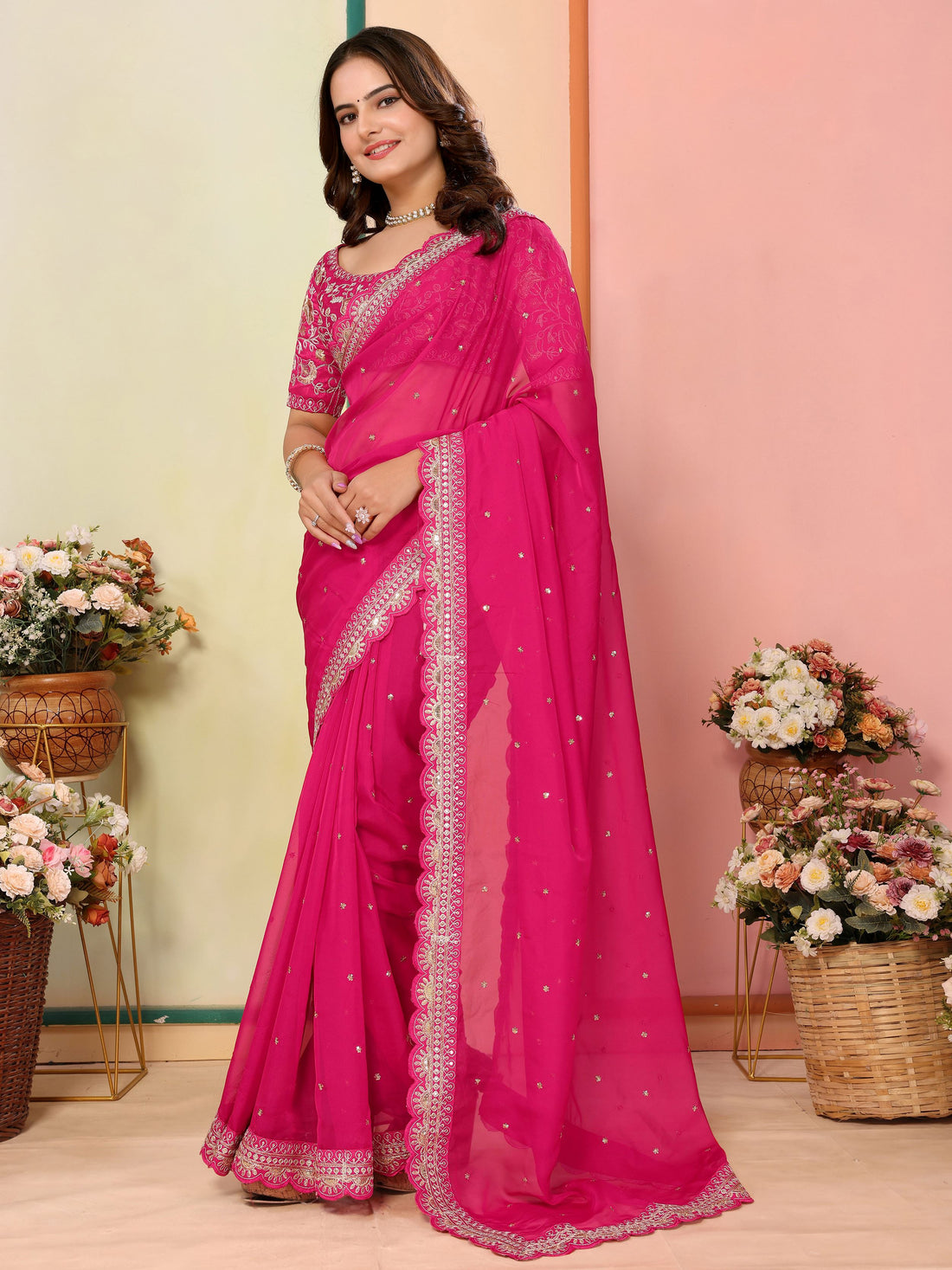 Bewitching Hot Pink Thread Embroidery Organza Event Wear Saree