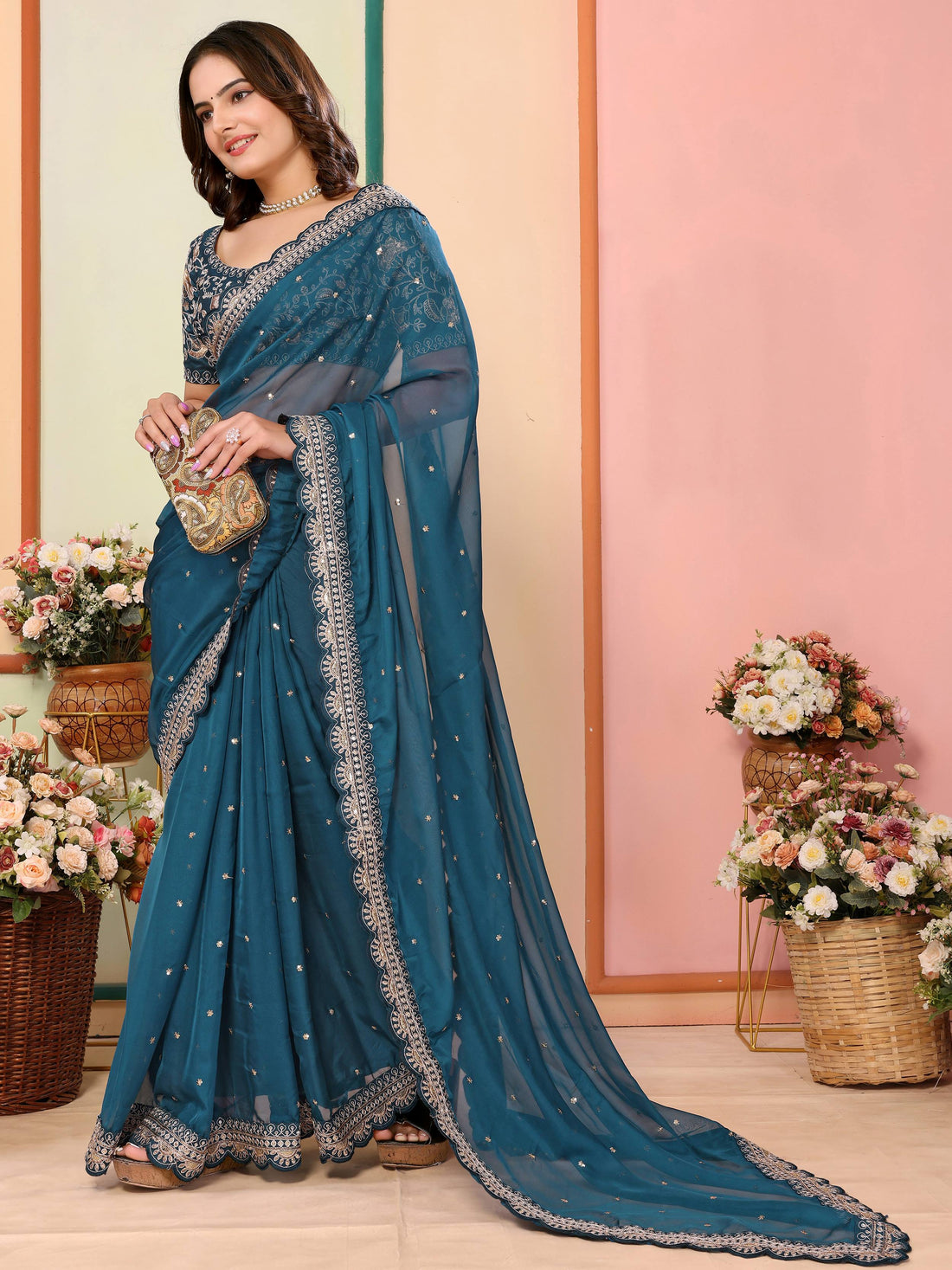 Classic Teal Blue Thread Work Organza Traditional Saree With Blouse